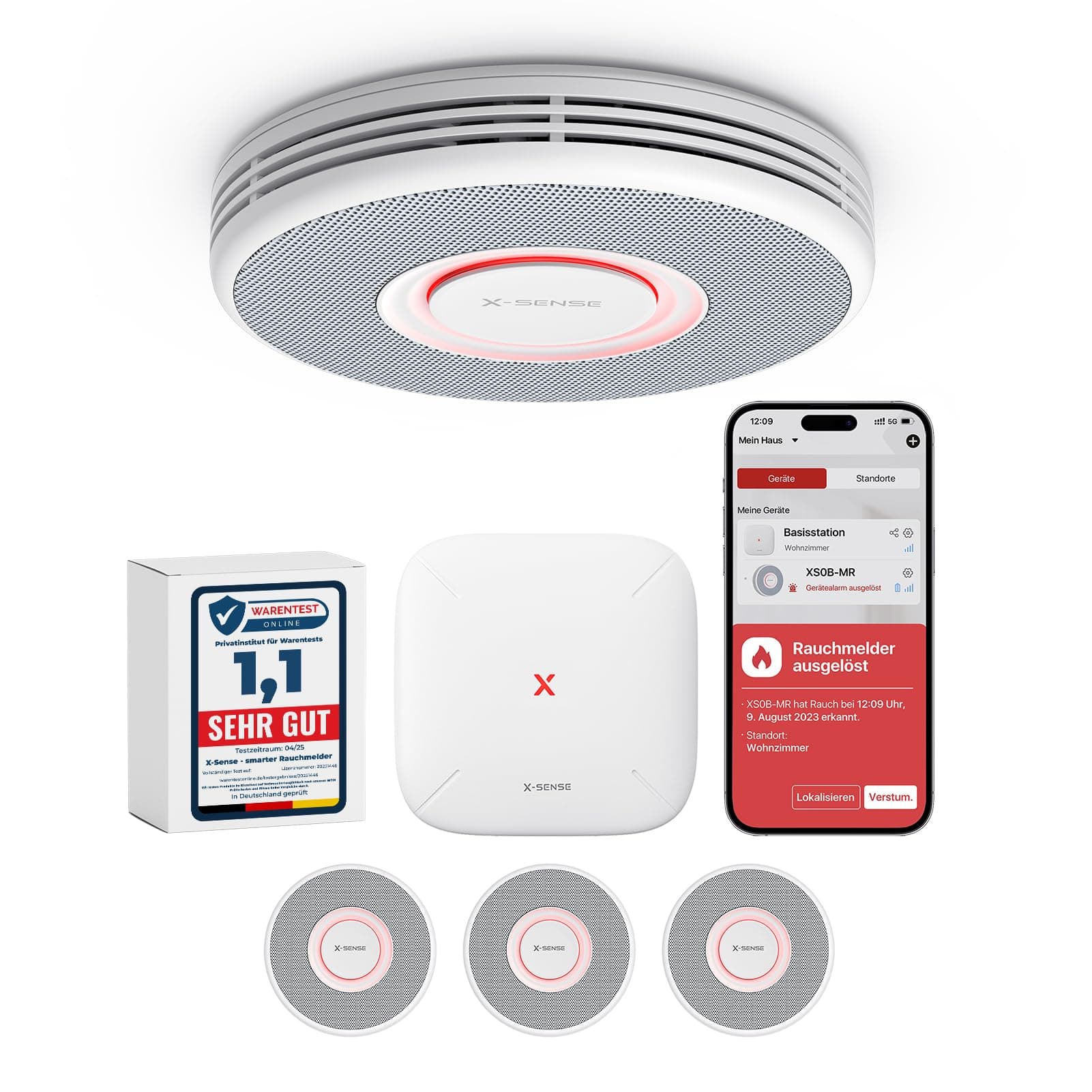 X-Sense Smarter Rauchmelder WLAN mit Sprachausgabe und 17 Standorten, Feuermelder, Rauchmelder vernetzt, 33 mm, Brandmelder mit SBS50 Basisstation, XS0B-MR31, 3 Stück