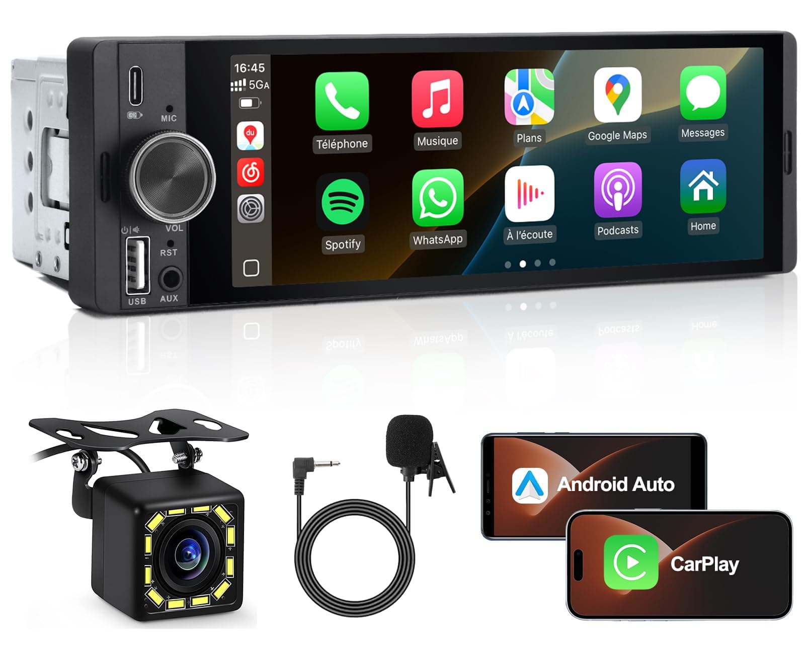 Autoradio 1 DIN, CarPlay Voiture & Android Auto sans Fil avec Caméra de Recul, Poste Radio Bluetooth Main Libre, 6,36" Écran Tactile, Navigation GPS, Contrôle Vocal, AUX/FM, Mirror Link, USB Type-C