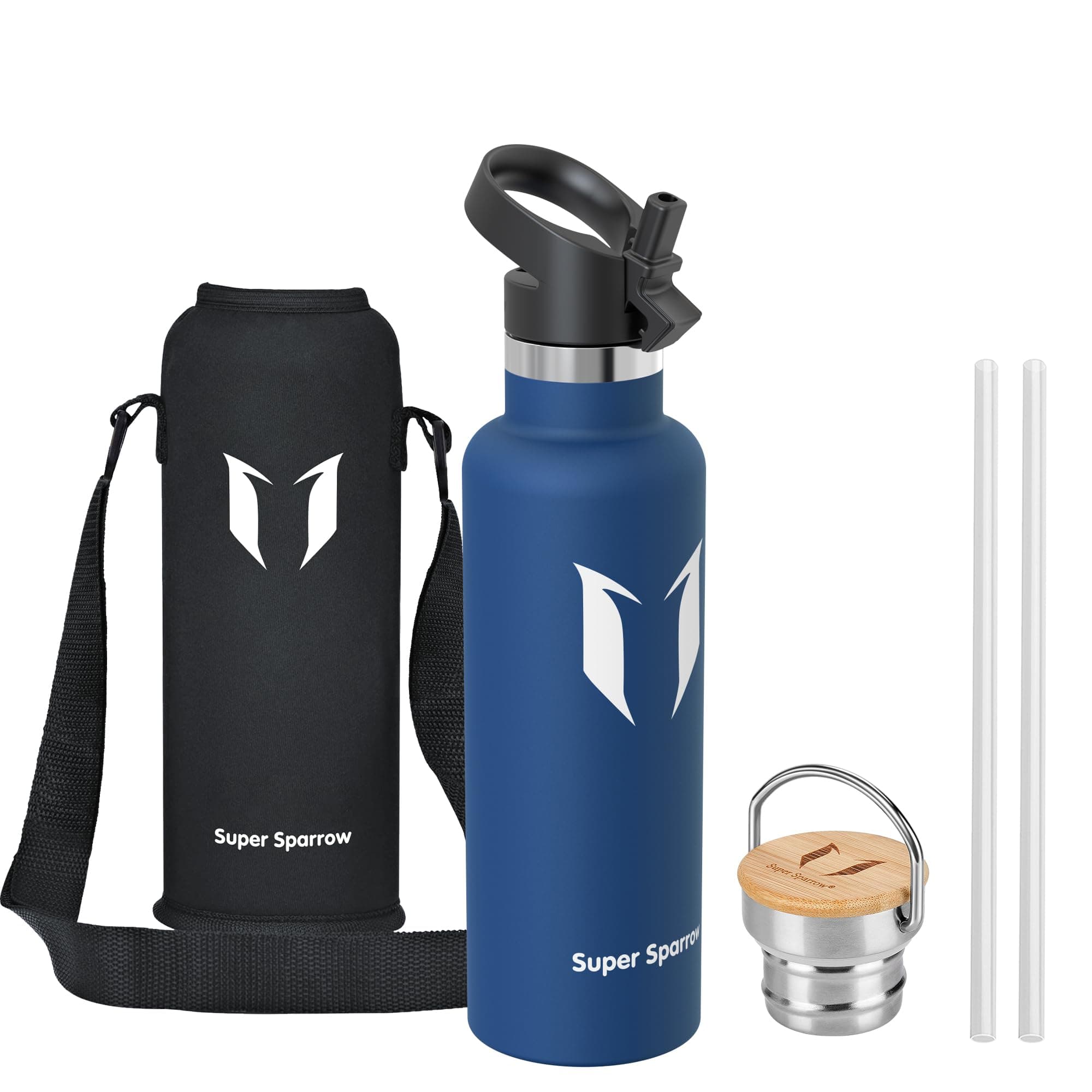 Super Sparrow Trinkflasche Edelstahl - 500ml/750ml/1L - Auslaufsicher Thermoskanne, BPA-Frei Wasserflasche - Thermosflasche Kinder für Sprudel, Sport, Schule, Fitness - Mit 2 Deckeln