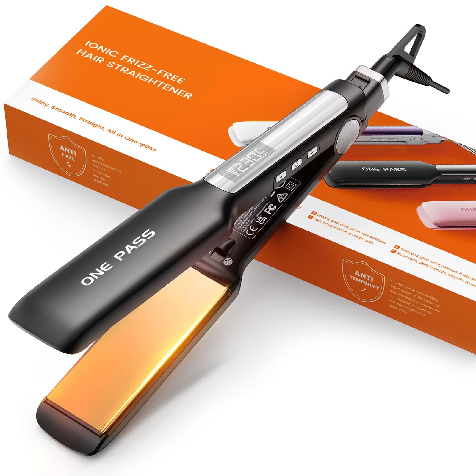 Faszin Plancha de Pelo con Placa de 42 mm de Ancho, Plancha de Titanio con Iones Negativos, Pantalla LED, Calentamiento Rápido de 30 s, Temperatura Ajustable de 11 Niveles (130-230 ℃) - Negro