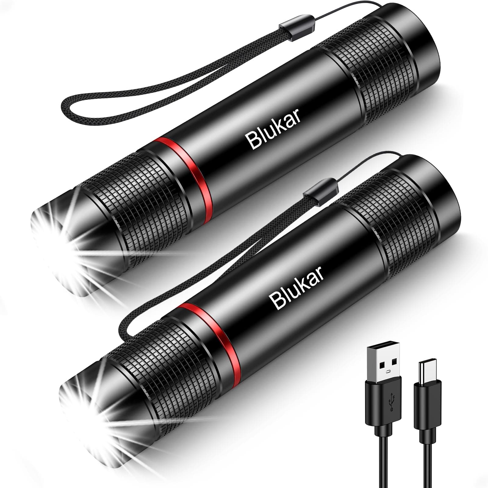 Blukar Linterna LED Recargable, [2 PACK] Brillante Alta Potencia Linterna de Aluminio con 4 Modos, Enfoque Ajustable - Portátil Flashlight Led para Ciclismo, Camping, Montañismo