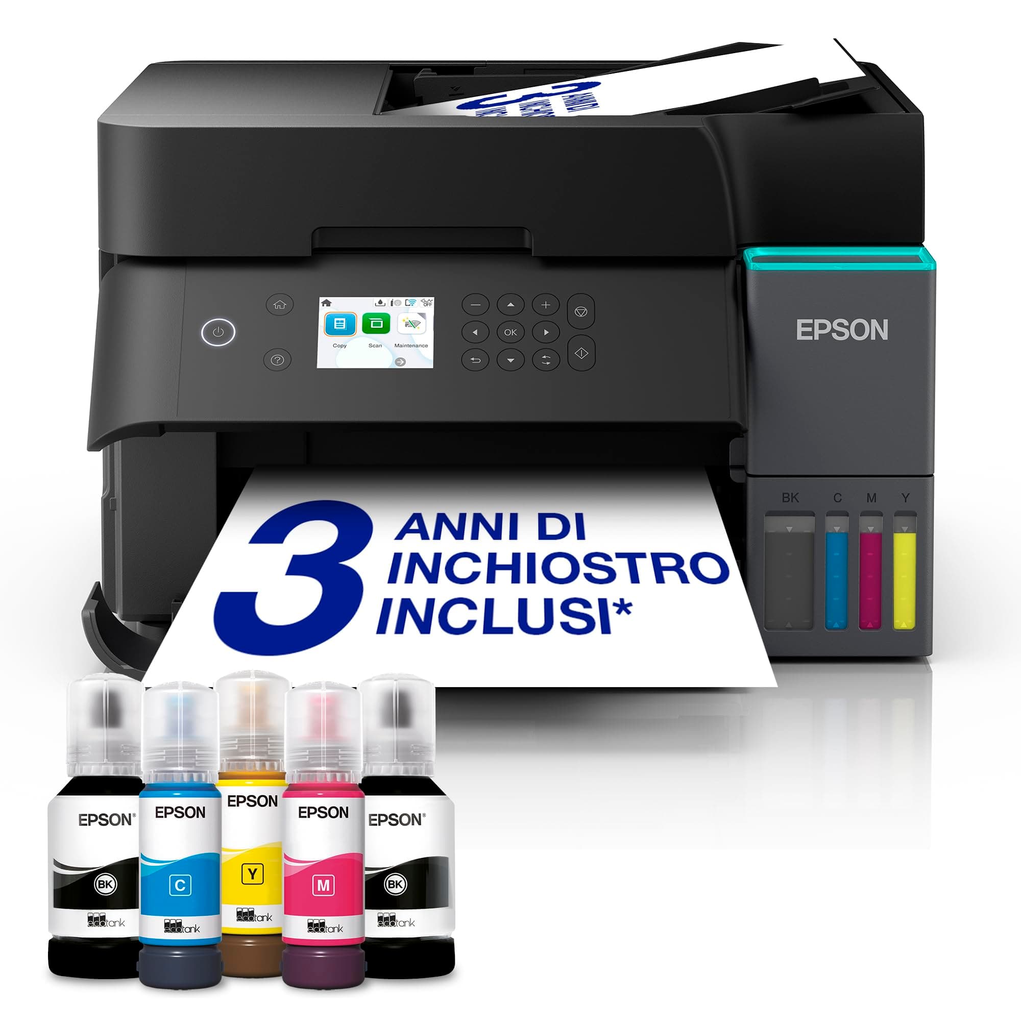 Epson EcoTank ET-3950 Stampante con Serbatoi D’inchiostro | Home Office | Wi-Fi | A4 | Fronte/Retro Stampa, Copia, Scansione | Display LCD 6.1 cm | ADF Da 30 Fogli | 3 Anni D'Inchiostro Inclusi