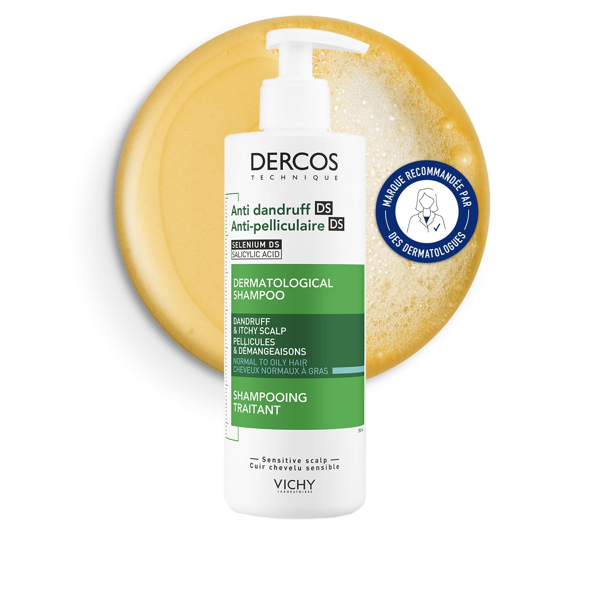 VICHY DERCOS Shampooing Anti-Pelliculaire DS Cheveux Normaux à Gras, Technologie Microbiome Sélénium DS, Élimine 100 % des Pellicules Visibles, Sans Paraben, 390 ml
