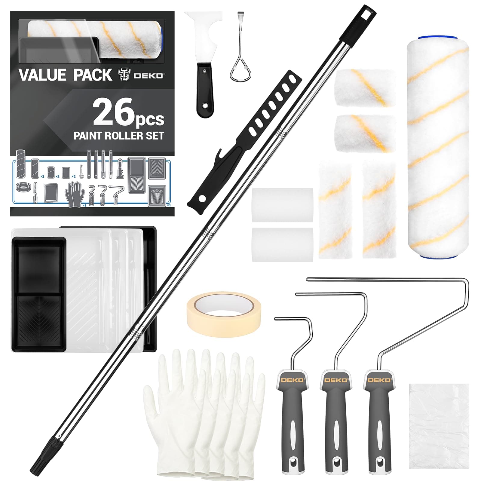 DEKO Kit Pittura Muro 26 Pezzi, Asta Telescopica 125cm | Rulli per Imbiancare 23cm/10cm/5cm, Vassoi, Nastro e Guanti, Set Rullo per Pittura per Pareti e Soffitti