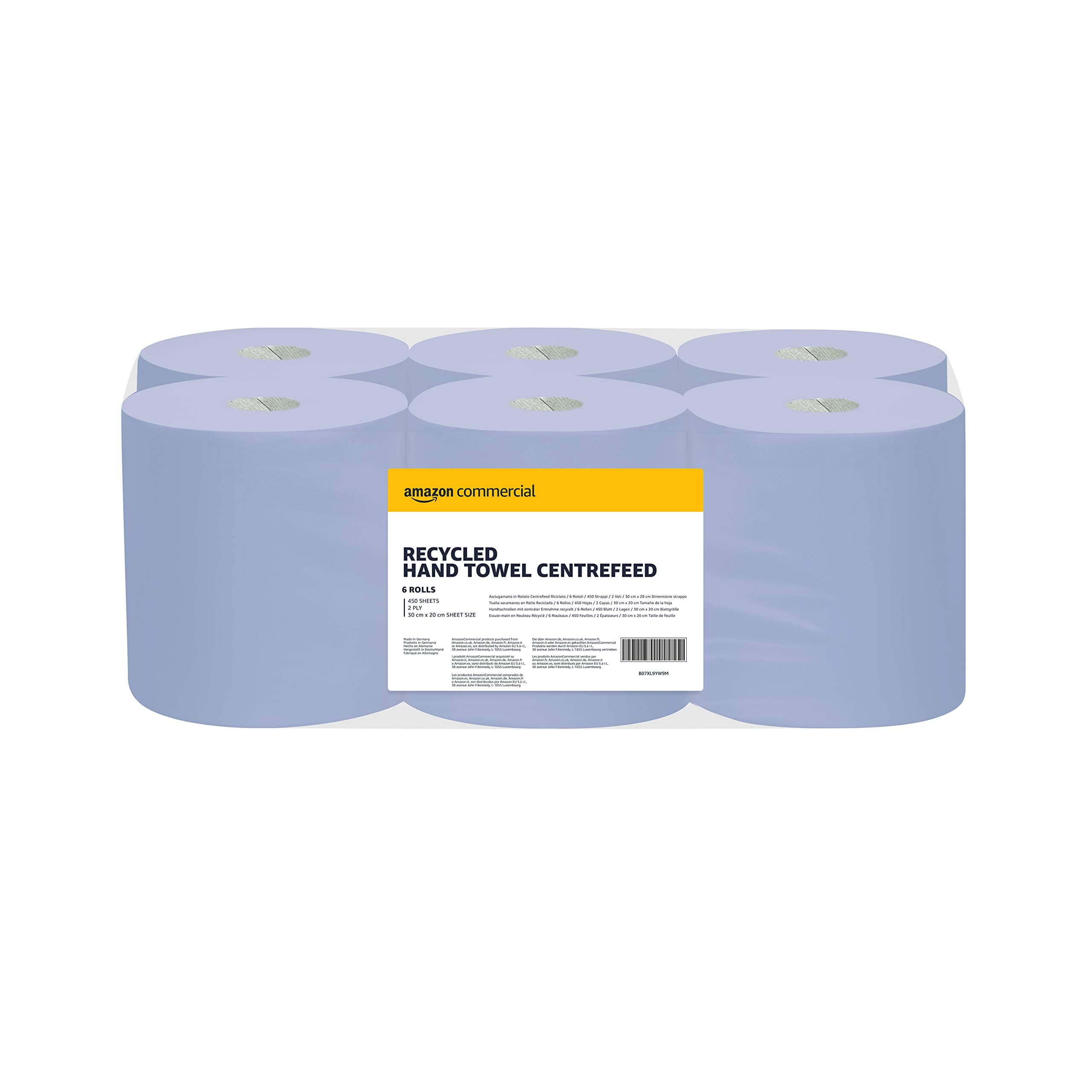 AmazonCommercial Essuie-Mains en Papier, Rouleau Centrefeed 2 Epaisseurs Recyclé, 6 Rouleaux (1 paquet), 450 Feuilles per Rouleau, Taille des Feuilles: 30 cm x 20 cm