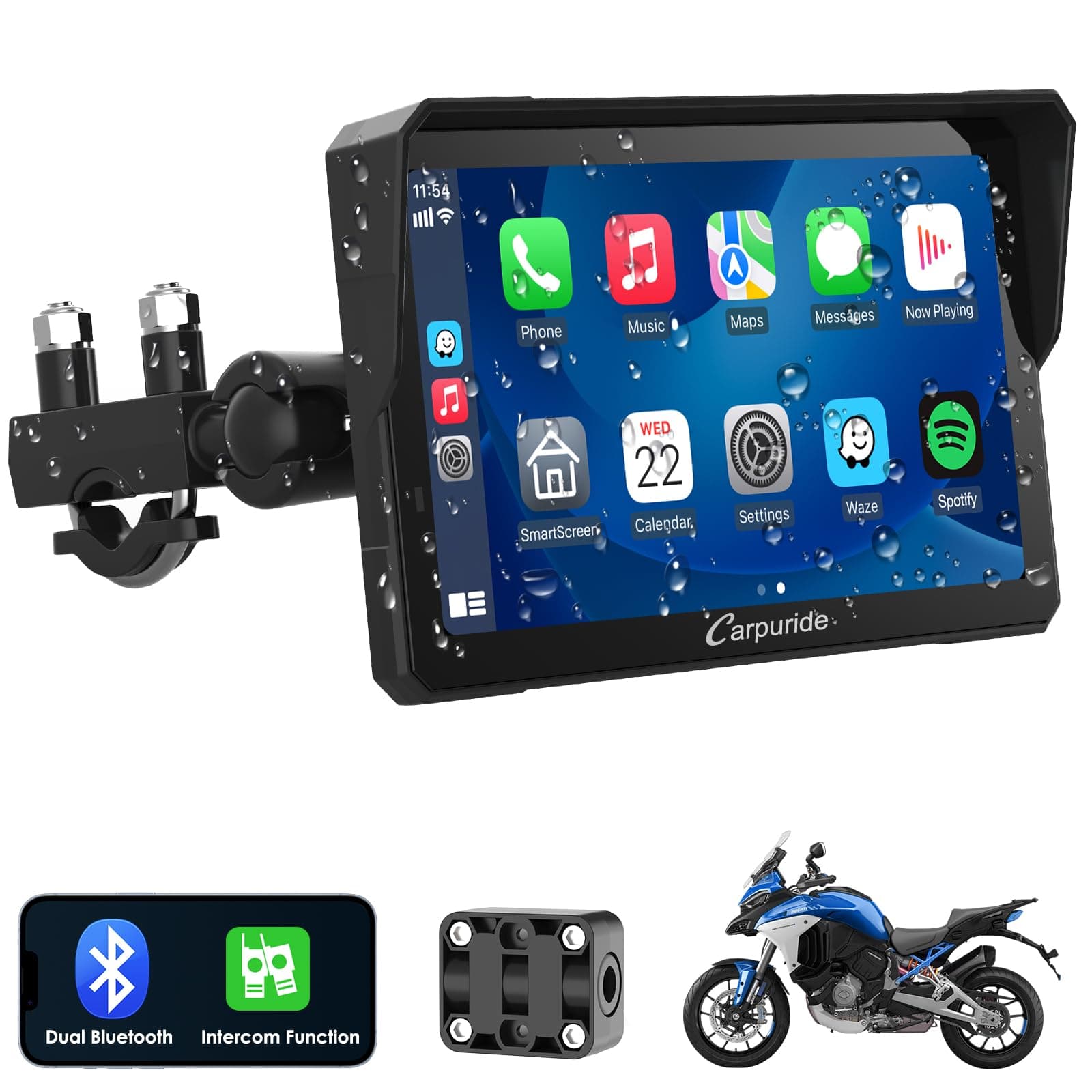 Carpuride W702 Pro Motocicleta Pantalla Carplay con Intercomunicador Función, Inalámbrico CarPlay y Android Auto, Portátil 7 Pulgadas Impermeable Pantalla Táctil, Dual Bluetooth, Navegación, Brújula.