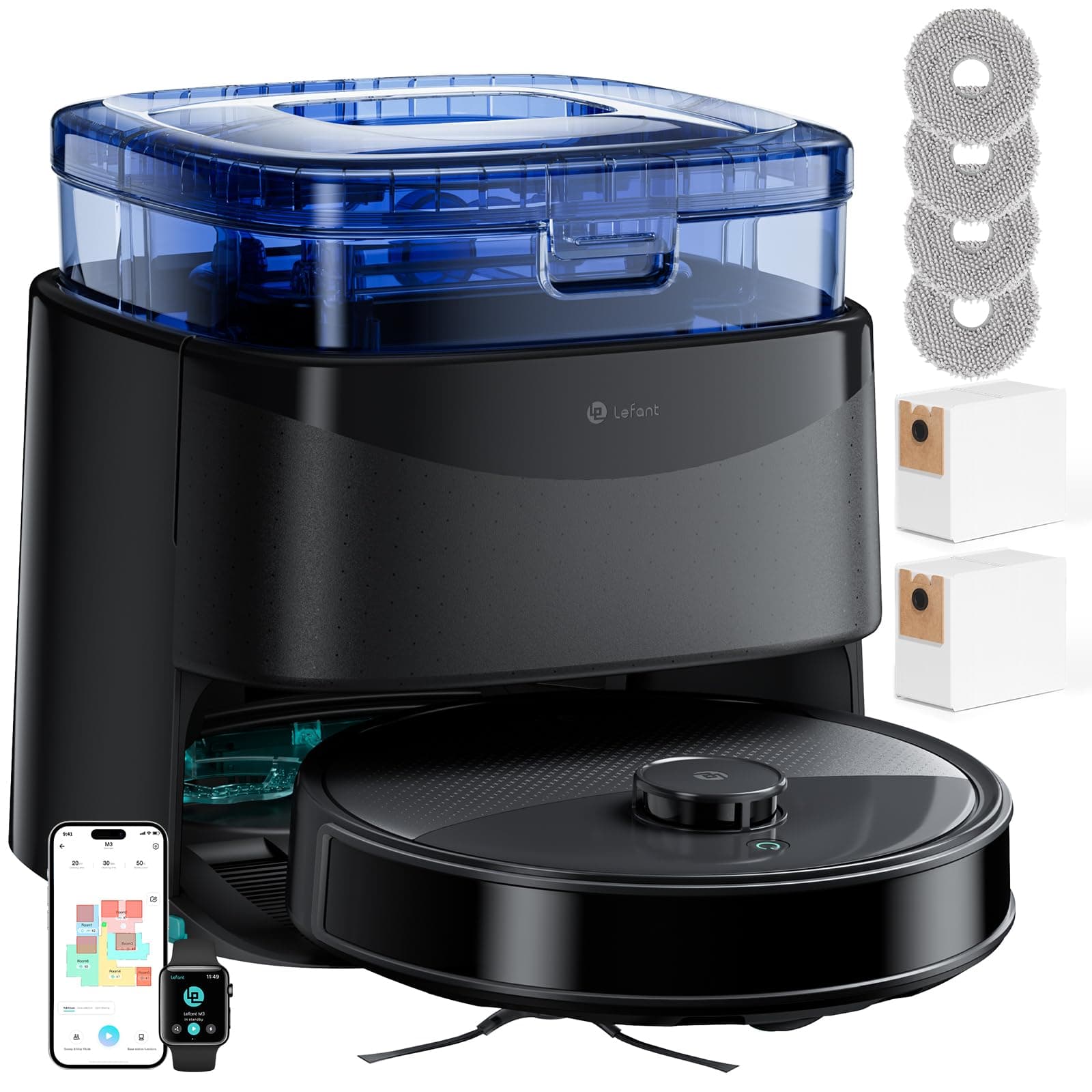 Lefant M3 Robot Aspirateur Laveur 12 000 Pa, Station Multifonctionnelle, Double Serpillière Rotative 200 TR/Min, Navigation dToF, Évitement d'obstacles PSD, 220min, 30 réglages de Niveau d'eau