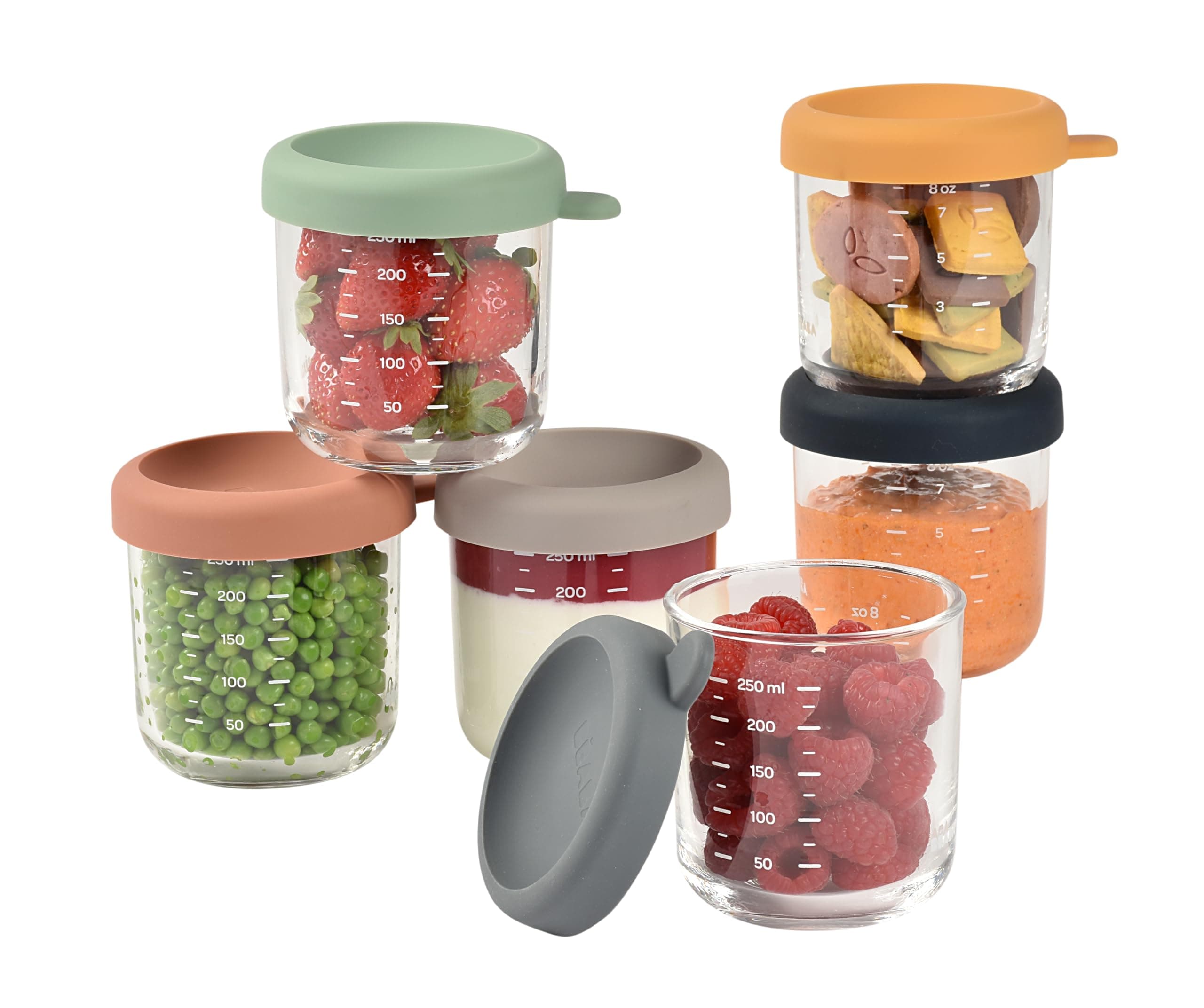 Béaba, Coffret 6 Portions Verre Conservation Repas Bébé/Verre Extra Résistant, 100% Hermétique, Congélation, Stérilisation, Graduation, 250 ml, Sunrise