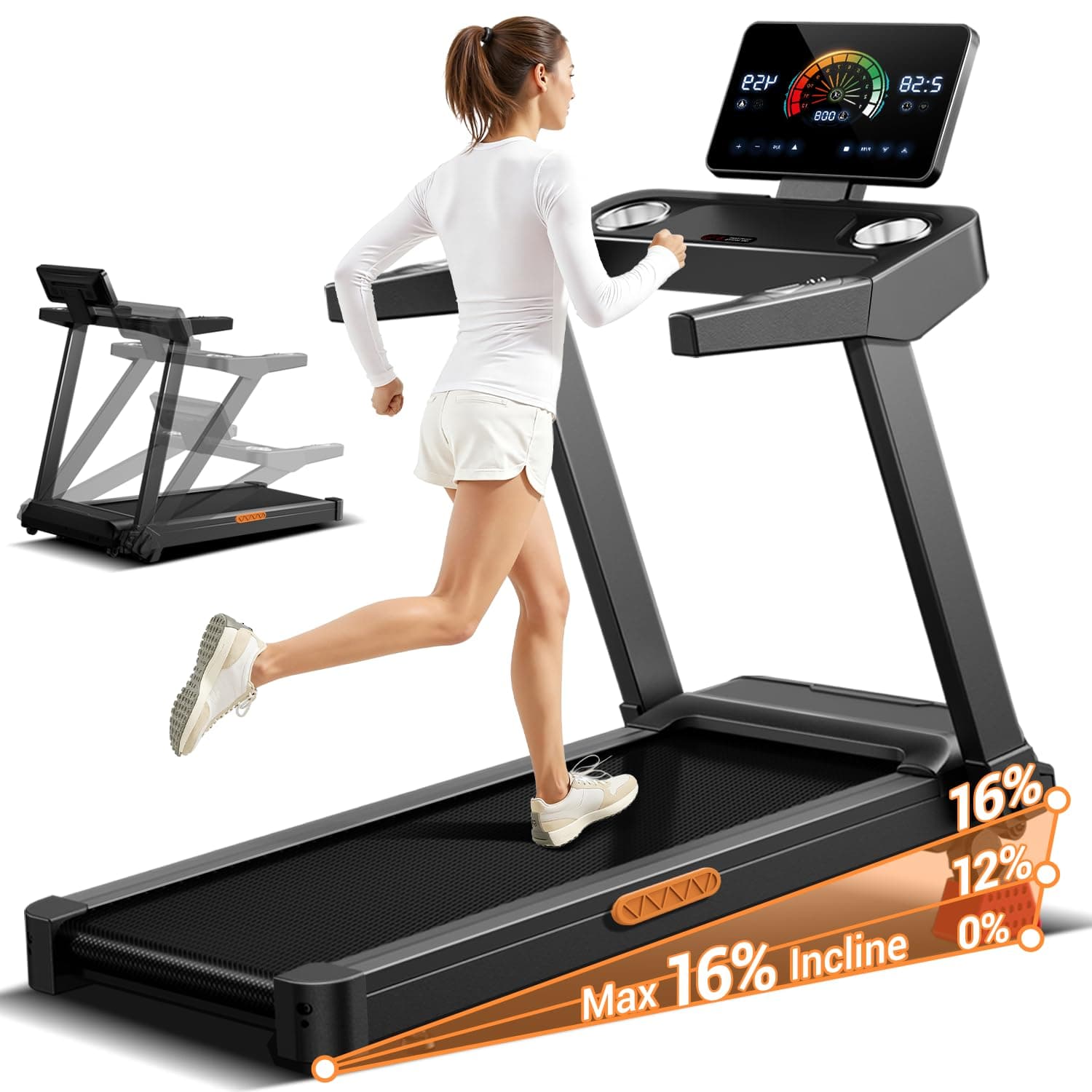 UMAY Cinta de Correr Plegable con Inclinación 16%, 14 KM/H Cinta de Andar con Frecuencia Cardíaca, 3.5HP Caminadora Electrica para Casa con Pantalla LED, Capacidad de 180kg