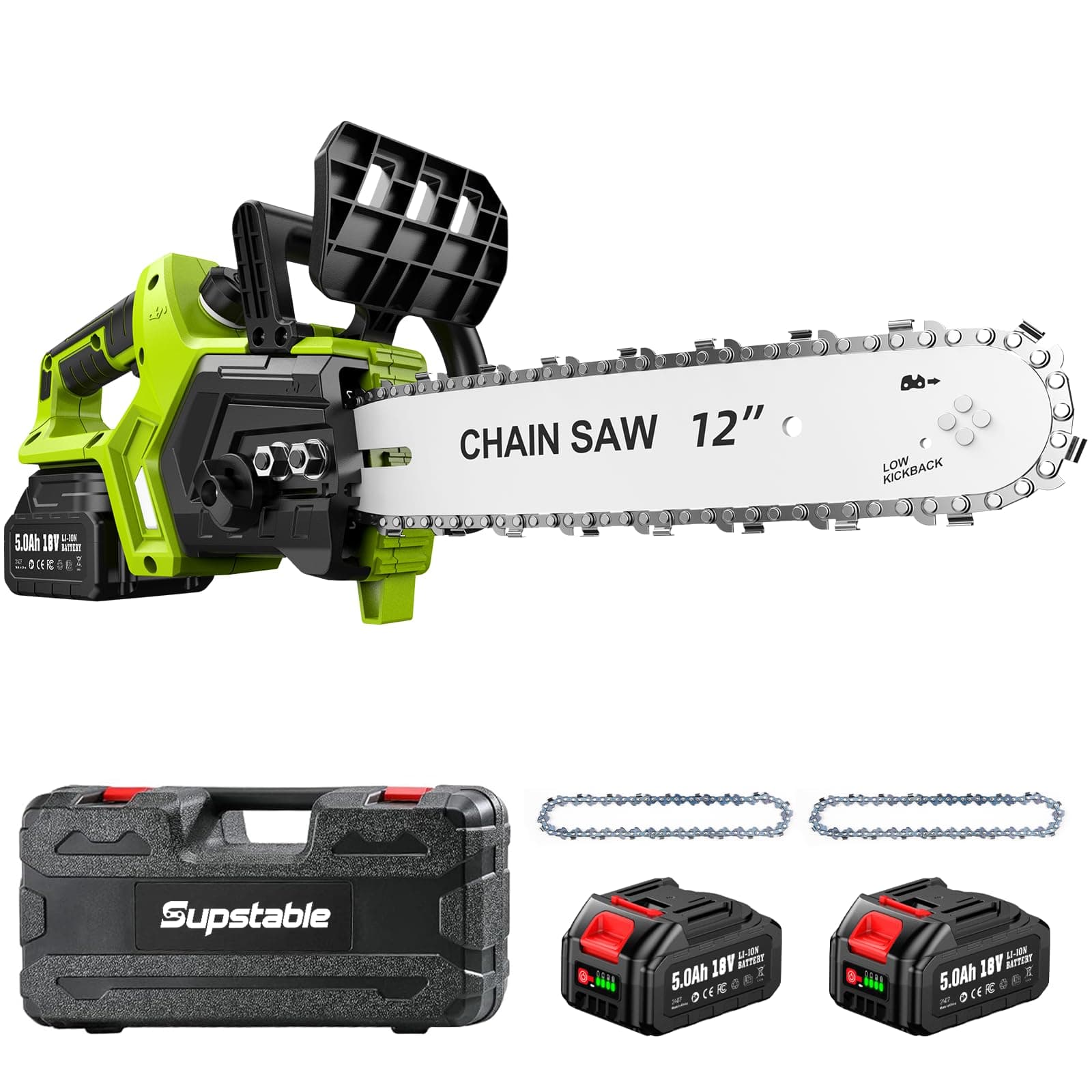 Supstable 12 Pollici Motosega a Batteria, Motosega Elettrica Senza Fili 2x5000mAh, Potatore Senza Fili per Attrezzi da Giardino, Taglio del Legno, Fai da Te (1200W Brushless) - S3 Pro