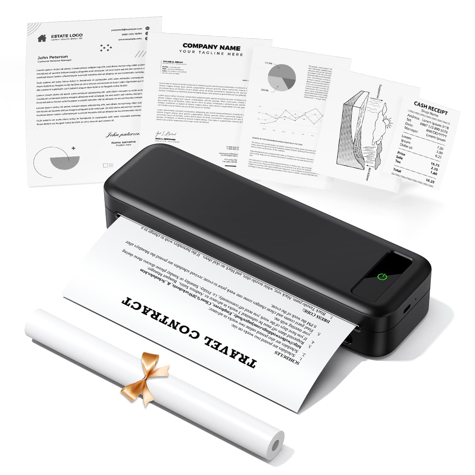 TATTMUSE Impresora Portatil a4, Bluetooth impresoras termica para Papel Térmica Casa Mini Movil Portatil Sin Tinta Wireless Portátiles Printer, Negro