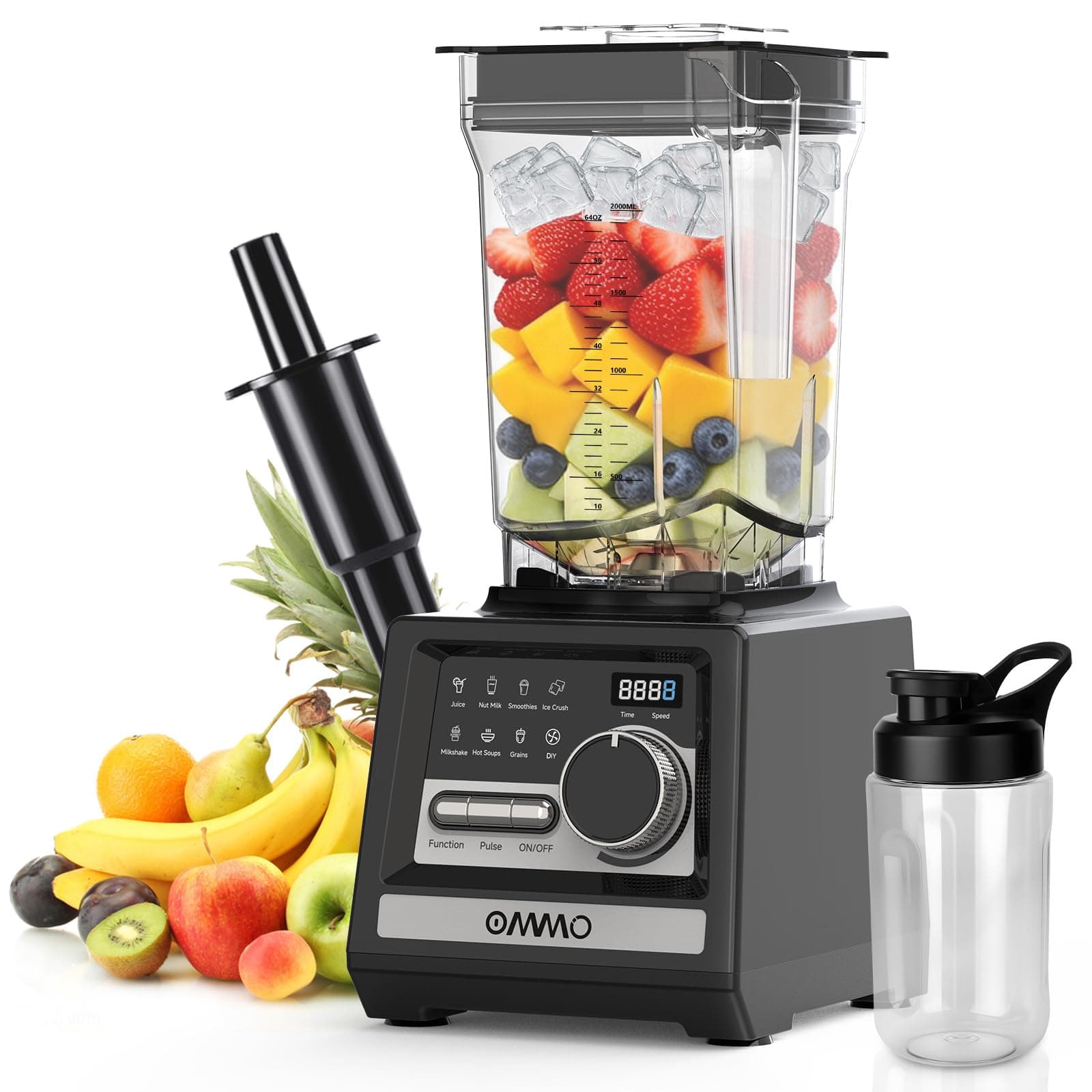 OMMO 2L Frullatore Professionale, 1800W Frullatore Smoothie con 9 Regolatori di Velocità per Spezzare Ghiaccio, Milkshake, Bevande Congelate e Frutta, Lavabile in Lavastoviglie, Senza BPA