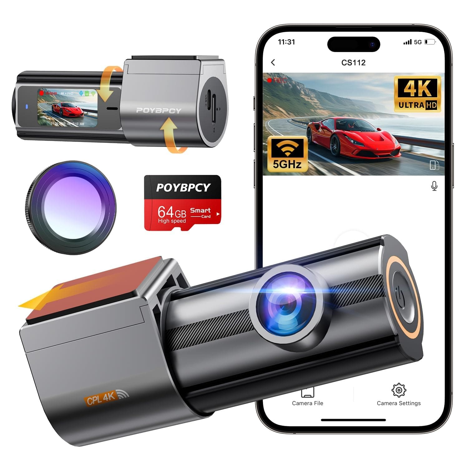 Dashcam Voiture 4K,5G WiFi Dashcam avec CPL Filter, 360° Camera Voiture IPS 1.47" avec Carte SD 64G, Contrôle de I'application, Moniteur de stationnement, Vision Nocturne, Enregistrement en Boucle