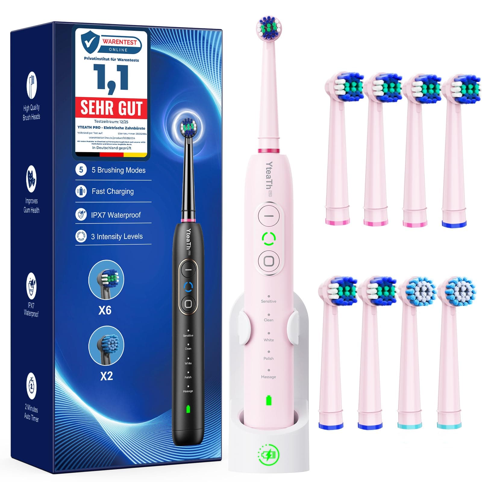 Cepillo de Dientes Eléctrico de Rotación para Adultos y Infantil - Cepillo Eléctrico 3 Intensidades, 5 Modos, 8 Cabezales, IPX7 Impermeable, Cepillo Dientes Electrico Viaje, Rosa