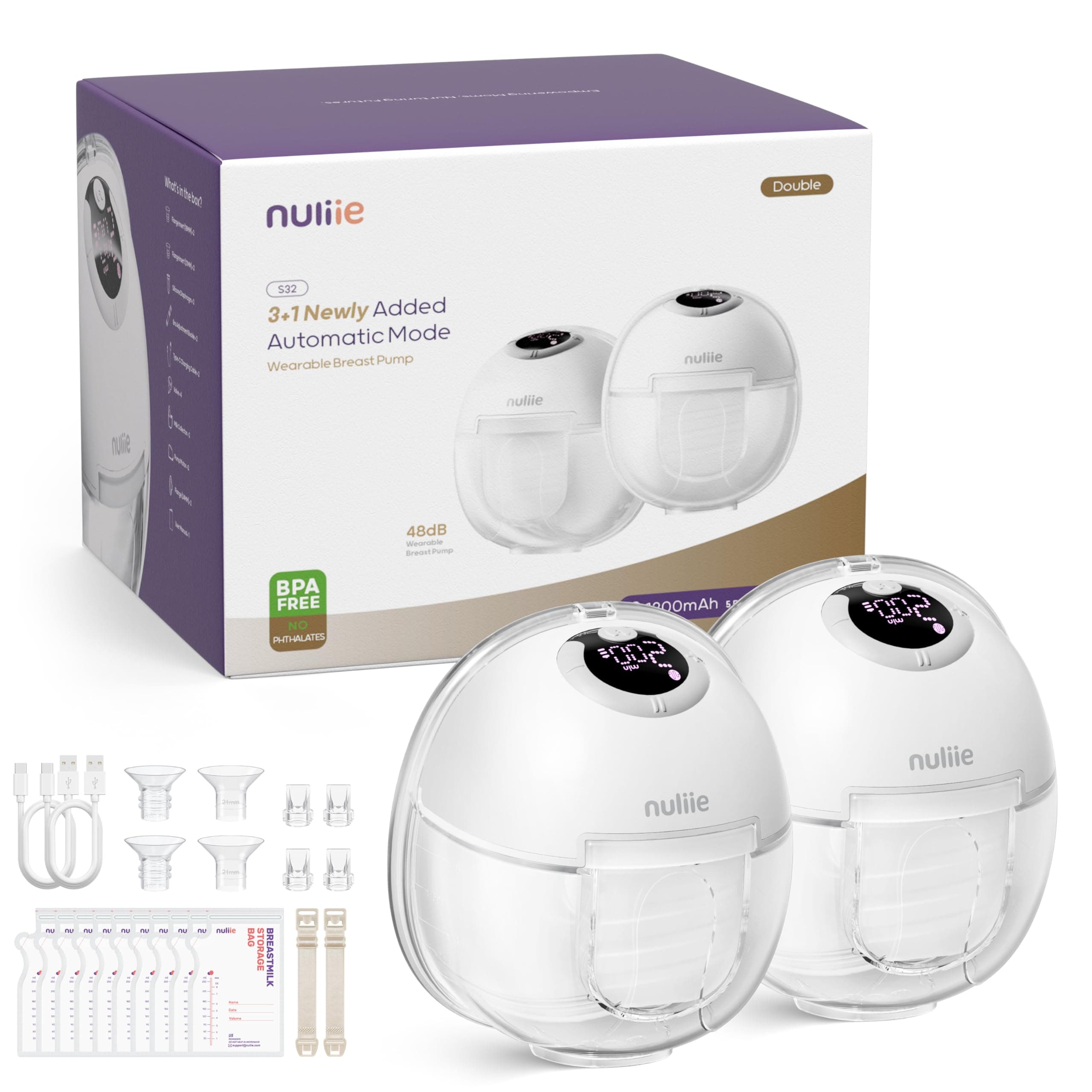 Nuliie Tire Lait Electrique Main Libre, Tire Lait Main Libre avec 4 Modes, 9 Niveaux, Fonction Mémoire, Extracteur de Lait Rechargeable avec Affichage LED, Poids léger - 24mm (2 Paquets, Blanc)
