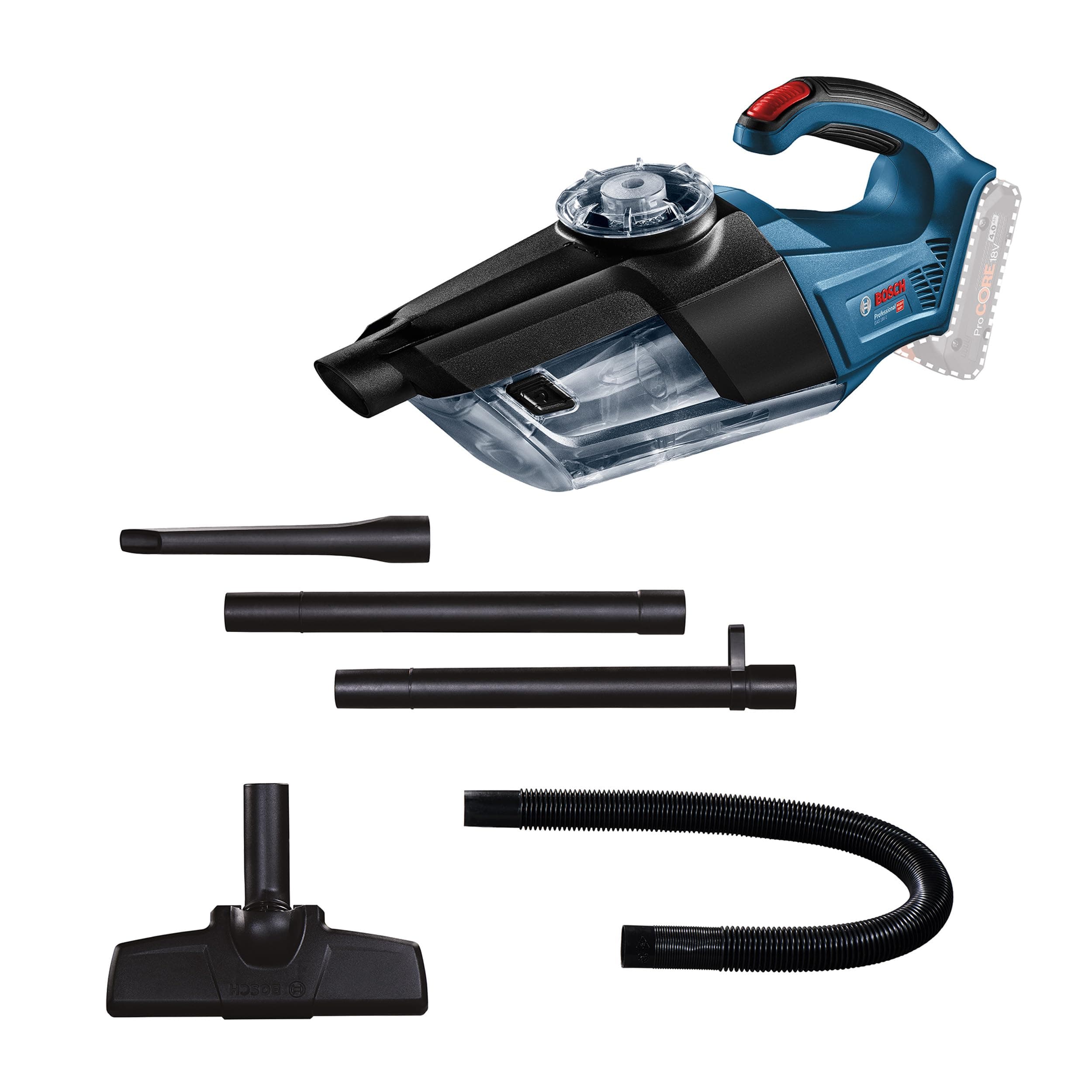 Bosch Professional 18V System Akku Handstaubsauger Gas 18V-1 (inkl. Absaugrohr, Fugendüse, Teppichdüse, Behältervolumen 1 Liter, ohne Akku/Ladegerät)