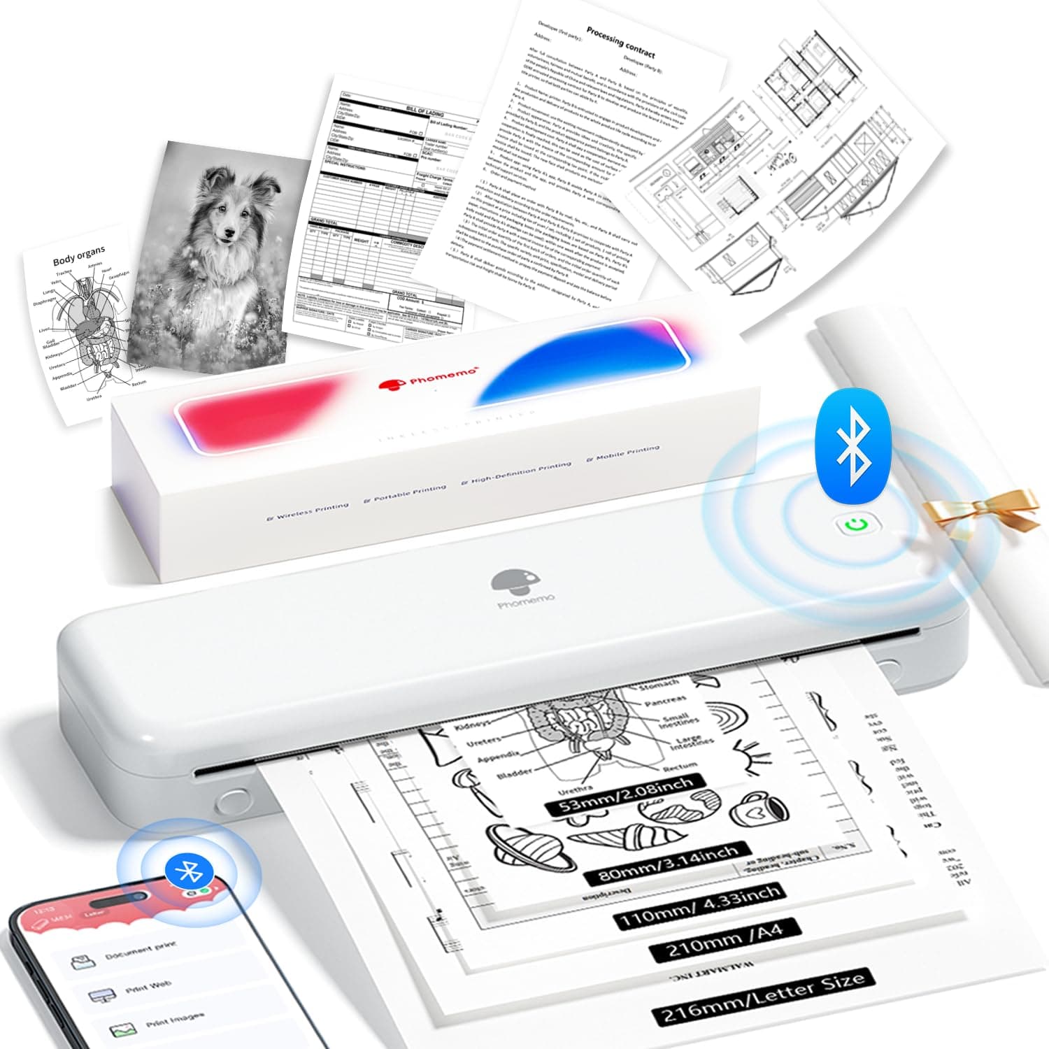 Phomemo M834 Stampante Portatile A4, Stampante Termica Portatile Senza Inchiostro, Connessione Bluetooth e USB, Supporta Carta Termica A4 (210x297 mm), 80mm, per Smartphone e PC, 300DPI