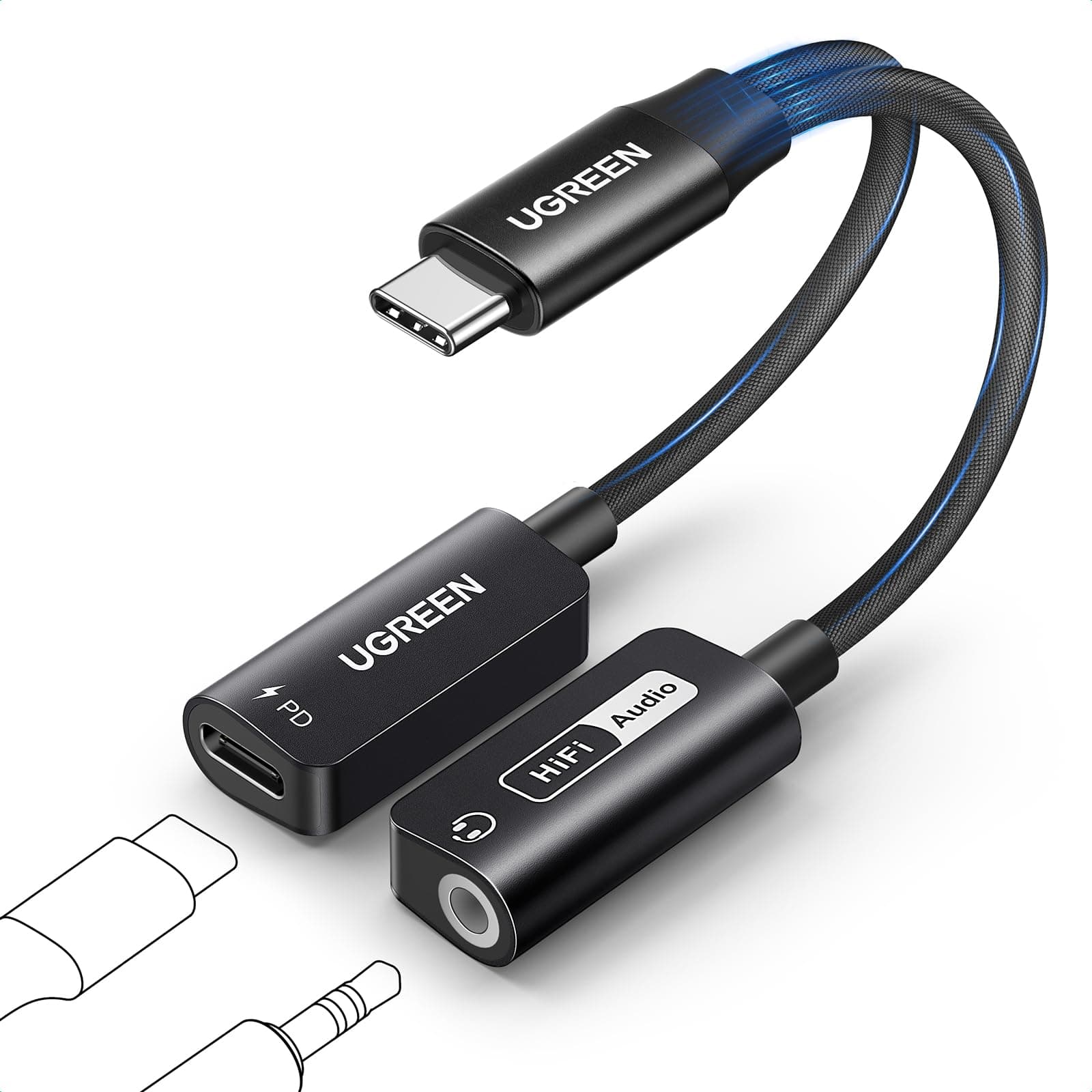 UGREEN Adattatore per Cuffie USB C a Jack 3.5mm PD 60W Magnetico 2 in 1 Hi-Res 32 Bit/384 KHz Tipo C Microfono Aux Splitter per Auricolare Compatibile con iPhone 17 16 Pro Max Air Galaxy S25/24