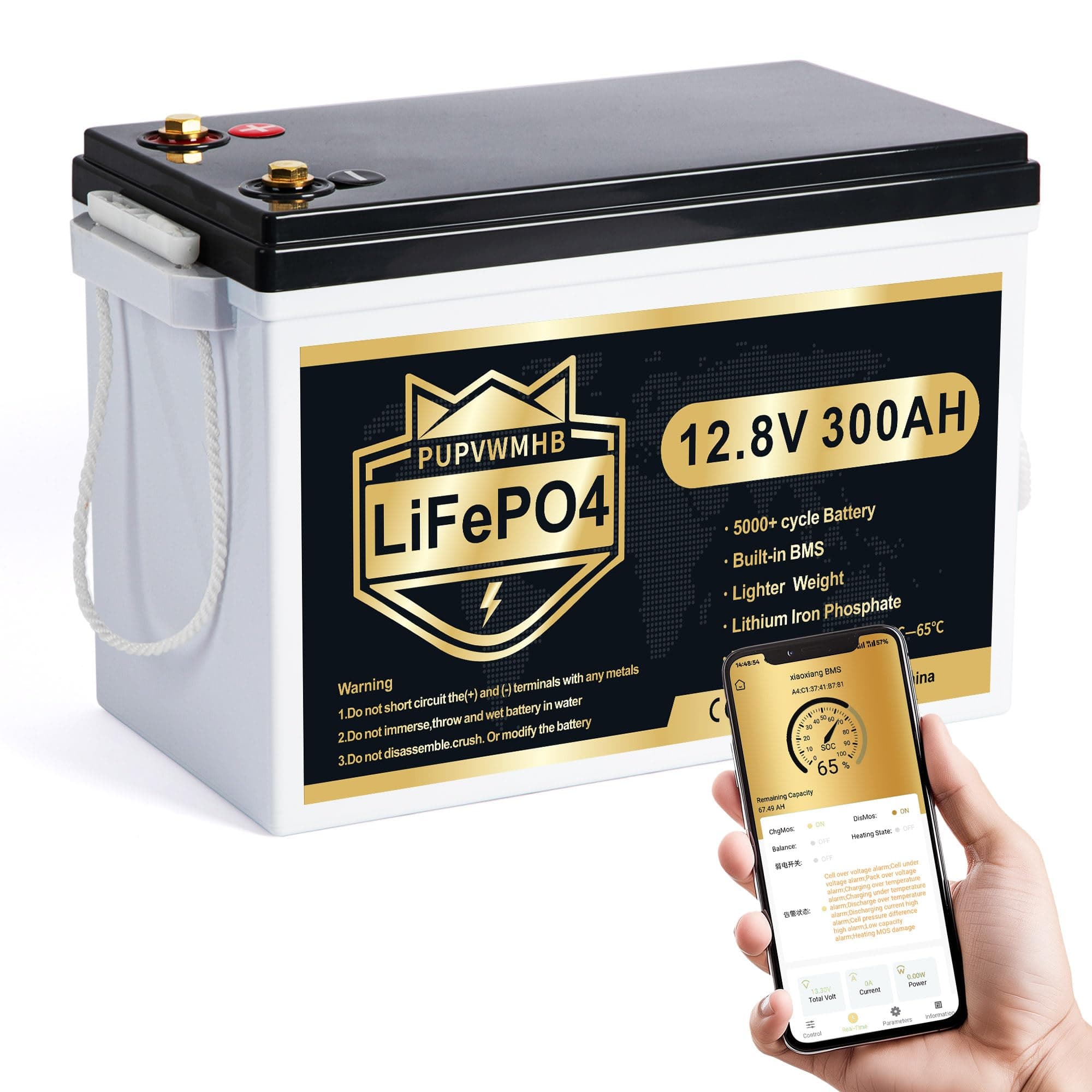 PUPVWMHB Batteria al litio Mini LiFePO4, 12 V, 300 Ah, batteria al litio, 200 A, BMS, fino a 15.000 cicli, max. 3840 Wh di energia con taglio a bassa temperatura, perfetta per RV, Solare