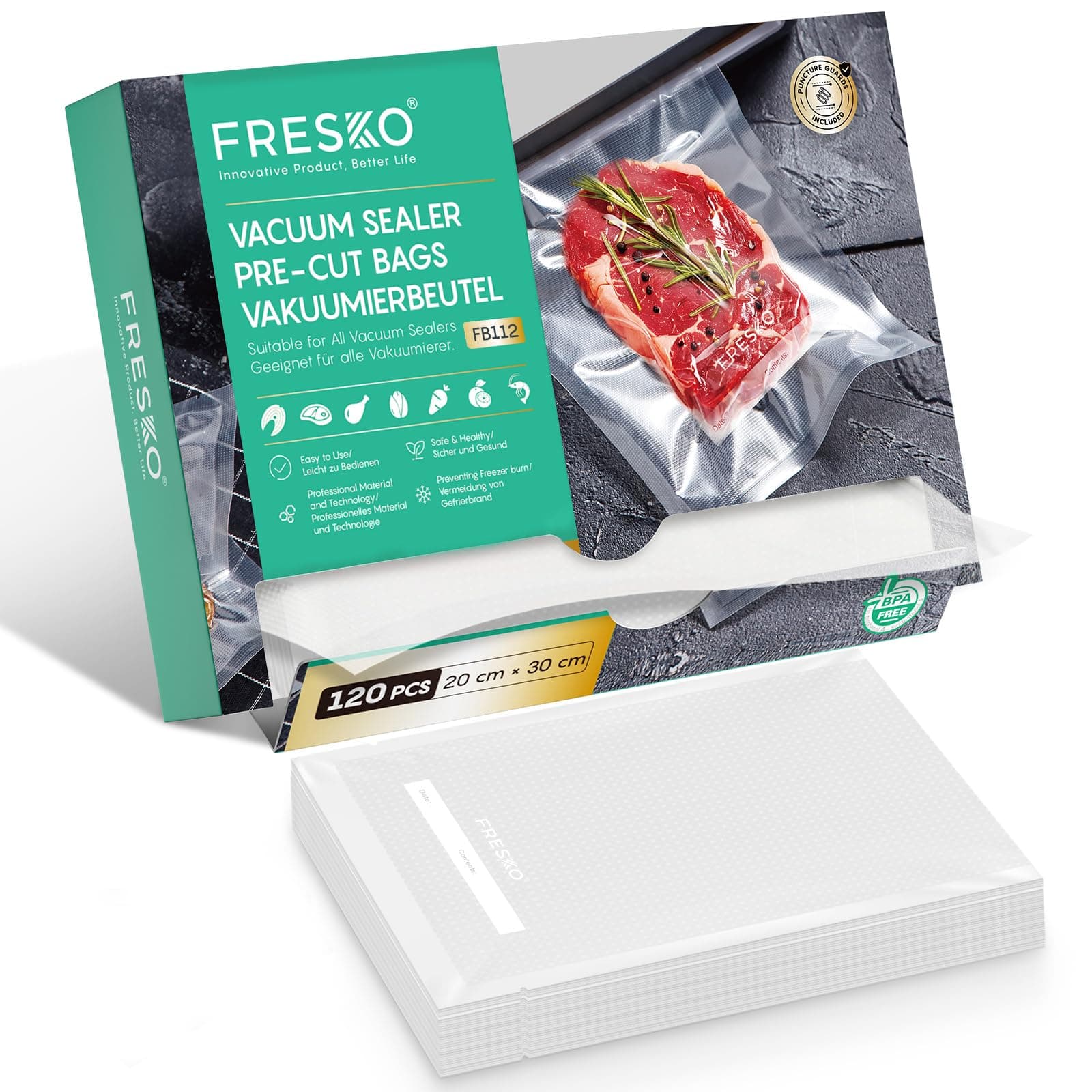 FRESKO Sacs Sous Vide Alimentaire, 20x30 cm 120 Sachets, Gaufrés Commerciaux, Conservation, Congélation et Cuisson Sous Vide, sans BPA, adaptés à Toutes les Machine