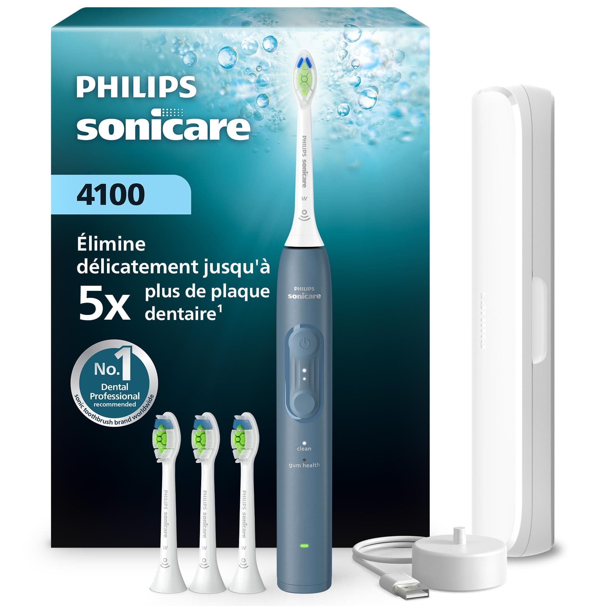 Philips Sonicare série 4100 – Brosse à dents électrique sonique, capteur de pression, 4 réglages, EasyStart, SmarTimer, 21 jours d’autonomie, étui de voyage, coloris bleu marine, HX4046/48, [Nouveau]