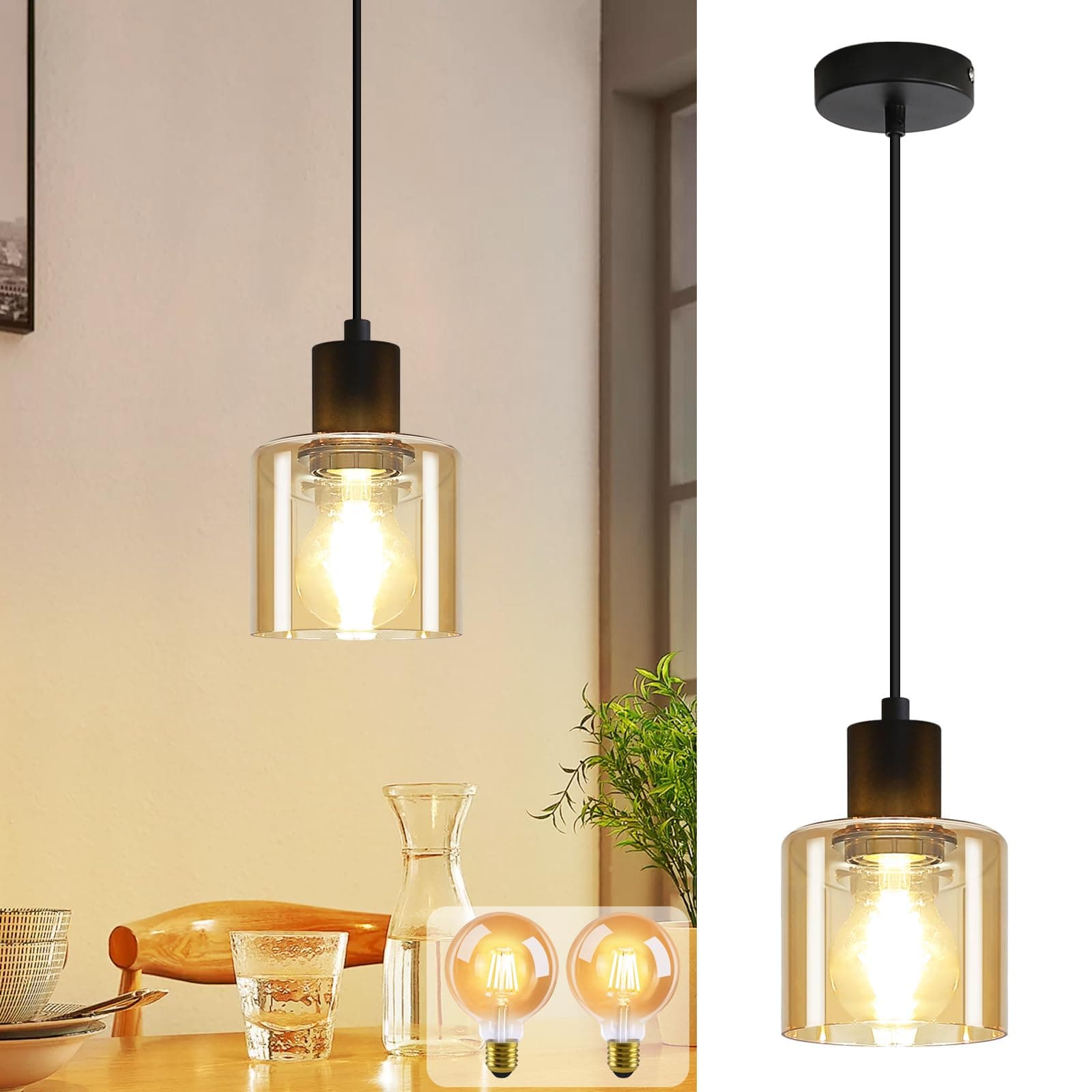 ZMH Lámpara colgante LED para mesa de comedor, vintage E27, lámpara colgante de 1 llama, industrial retro para cocina, sala de estar, hotel, 2 bombillas G80 incluidas