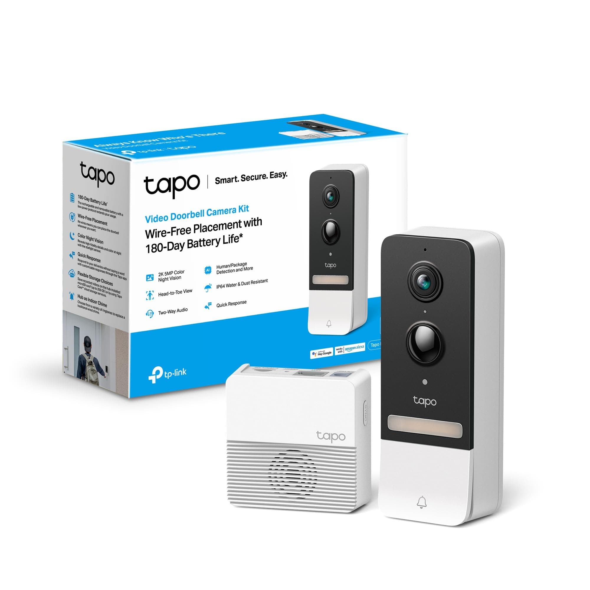 Tapo D230S1 Video Doorbell Campanello, Visualizzazione Live 2K 5MP, Visione Notturna a Colori, Campo Visivo Ampio, Rilevamento Intelligente, Batteria Lunga, IP64 Impermeabile, Alexa