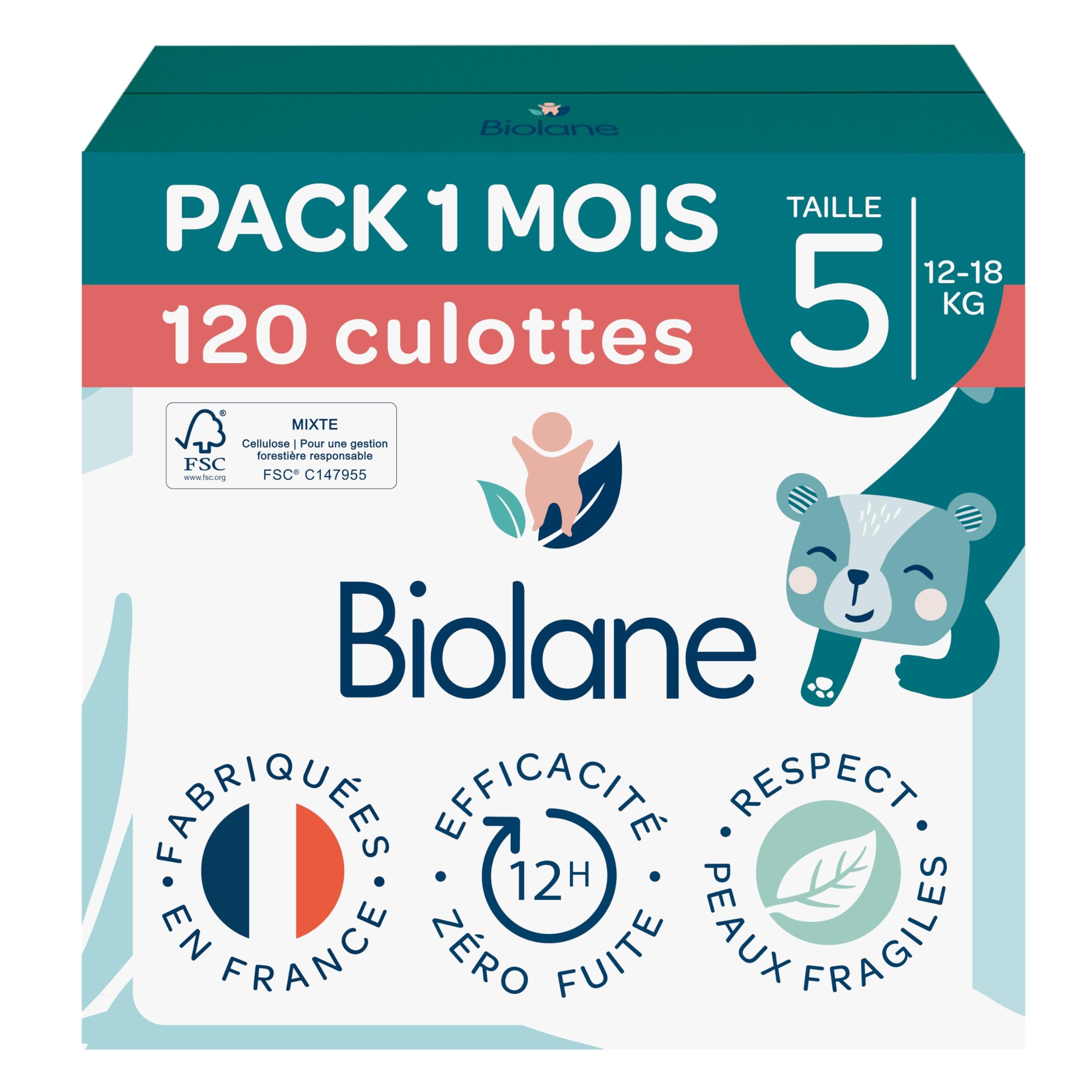 BIOLANE - Couches culottes - Taille 5 (12-18kg) - Zéro fuite pendant 12h - Pack 1 mois - 120 Couches Pants - Fabriquées en France