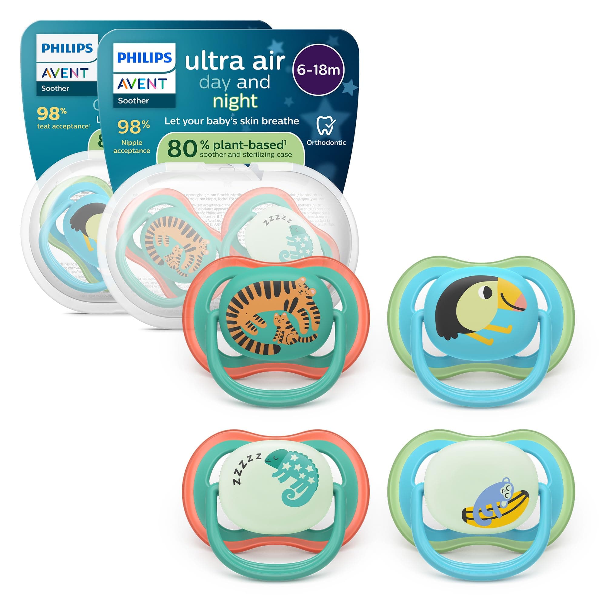 Philips Avent ultra air Day & Night Schnuller – kiefergerecht geformtes Design, für Babys, 6–18 Monate, leuchtet im Dunkeln, weicher, symmetrischer Silikonsauger, BPA-frei, 4er-Pack, SCF087/27
