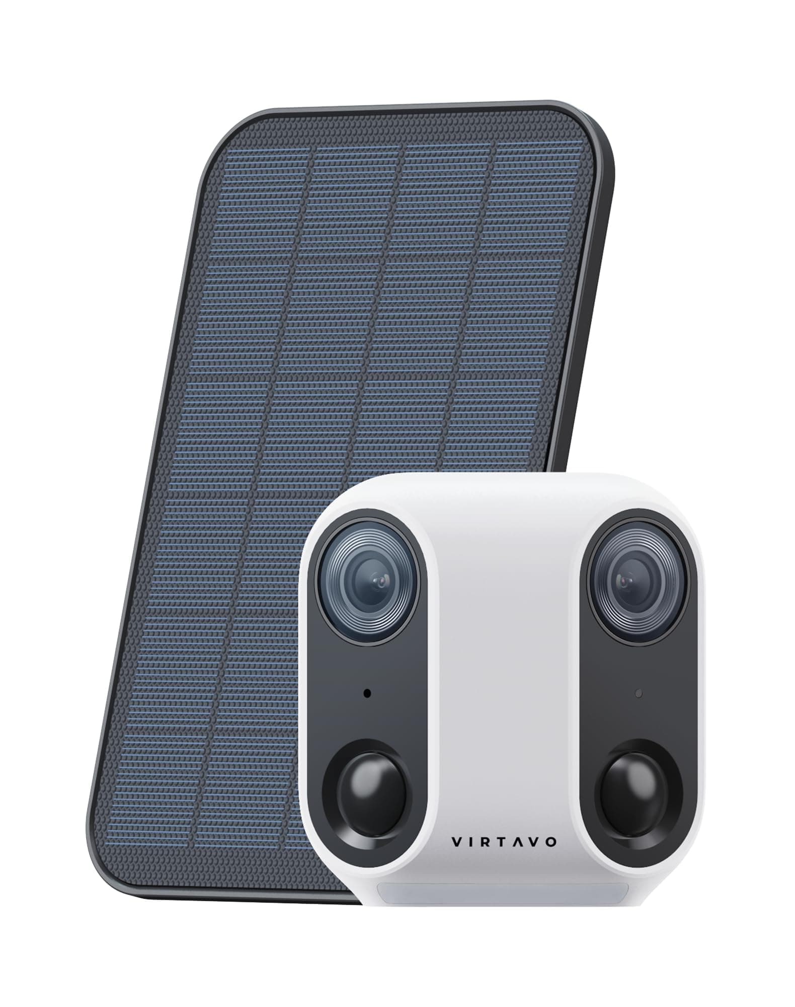 virtavo Camera Surveillance WiFi Exterieure sans Fil, Double Objectif 160°, Vision Nocturne Couleur Starlight, Batterie et Panneau Solaire Intégrés, Étanche IP65, Détection PIR, Audio Bidirectionnel