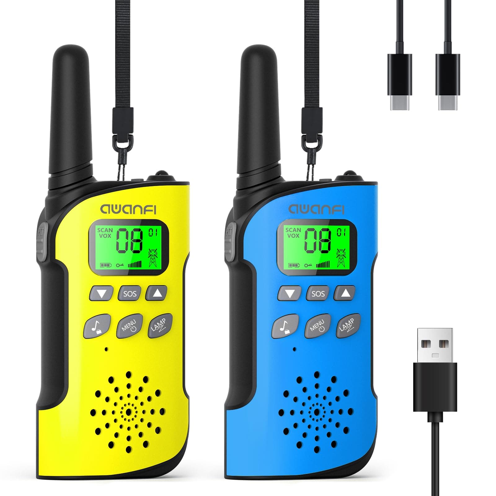 AWANFI Walkie Talkie para Niños, 3-12 Años, Walkie Talkies Recargable con Batería Li-Ion, VOX, Función SOS y Linterna, Larga Alcance, Walkie Talkies para Acampar, Aventuras, Regalos