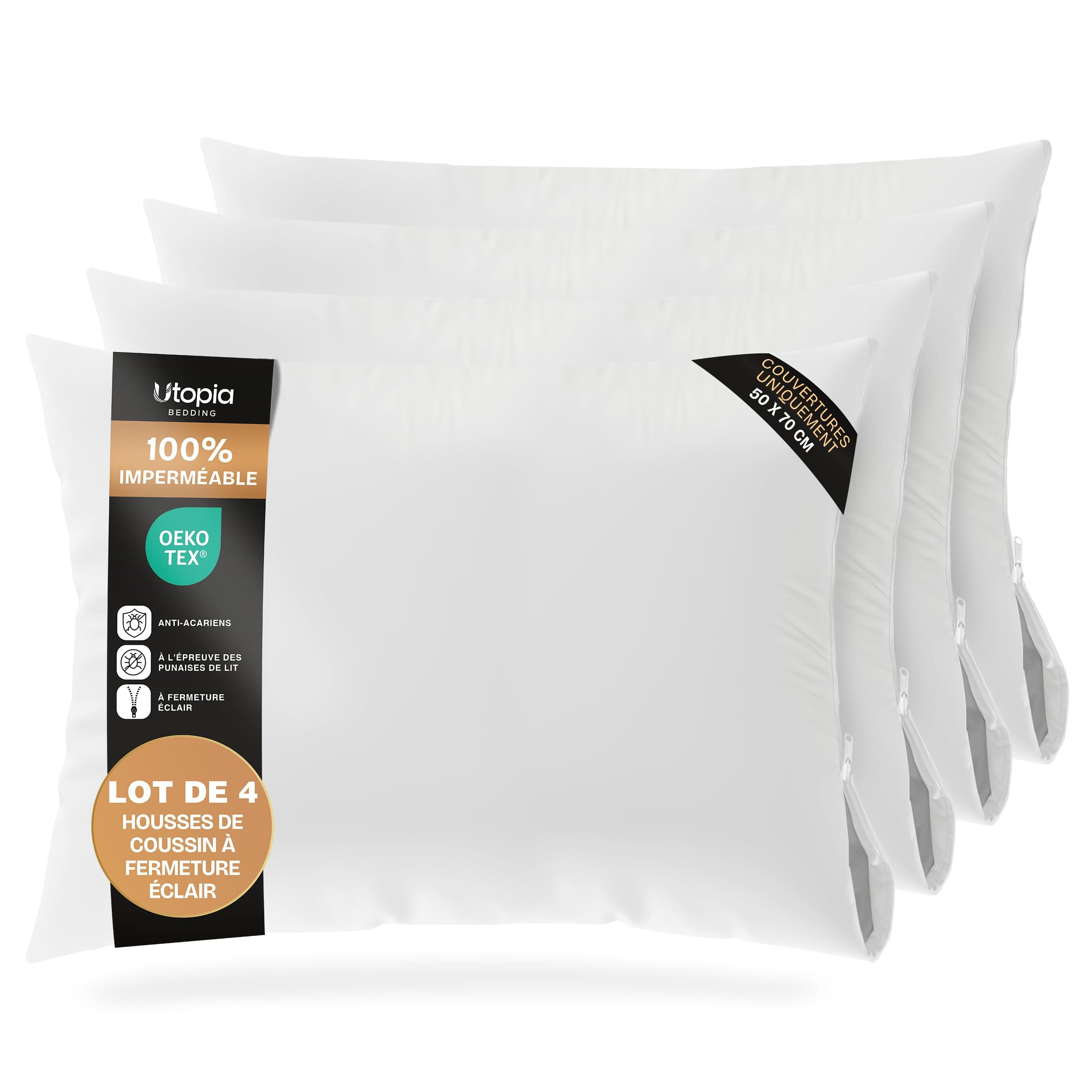 Utopia Bedding Protège Oreiller 50x70 cm (Lot de 4) Imperméable avec Fermeture Éclair, Housse Oreiller, Certifié Oeko-TEX Taie Oreiller