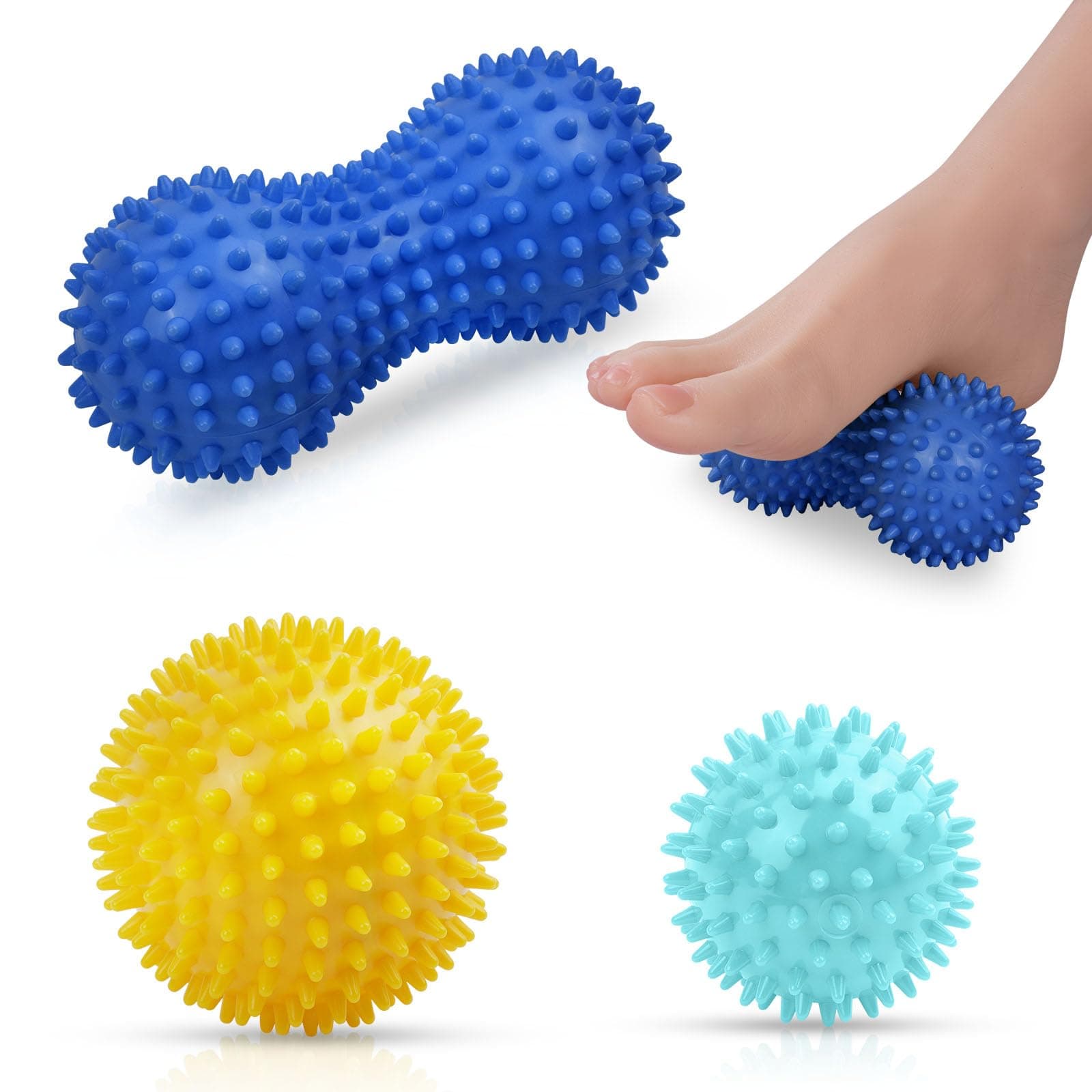 URAQT Palline Massaggio, 3 Pezzi Palle per Massaggio Fitness Palline a Riccio, Set di Palline da Massaggio per Alleviare lo Stress, Massage Balls per Automassaggio, Blu scuro + Azzurro + Giallo