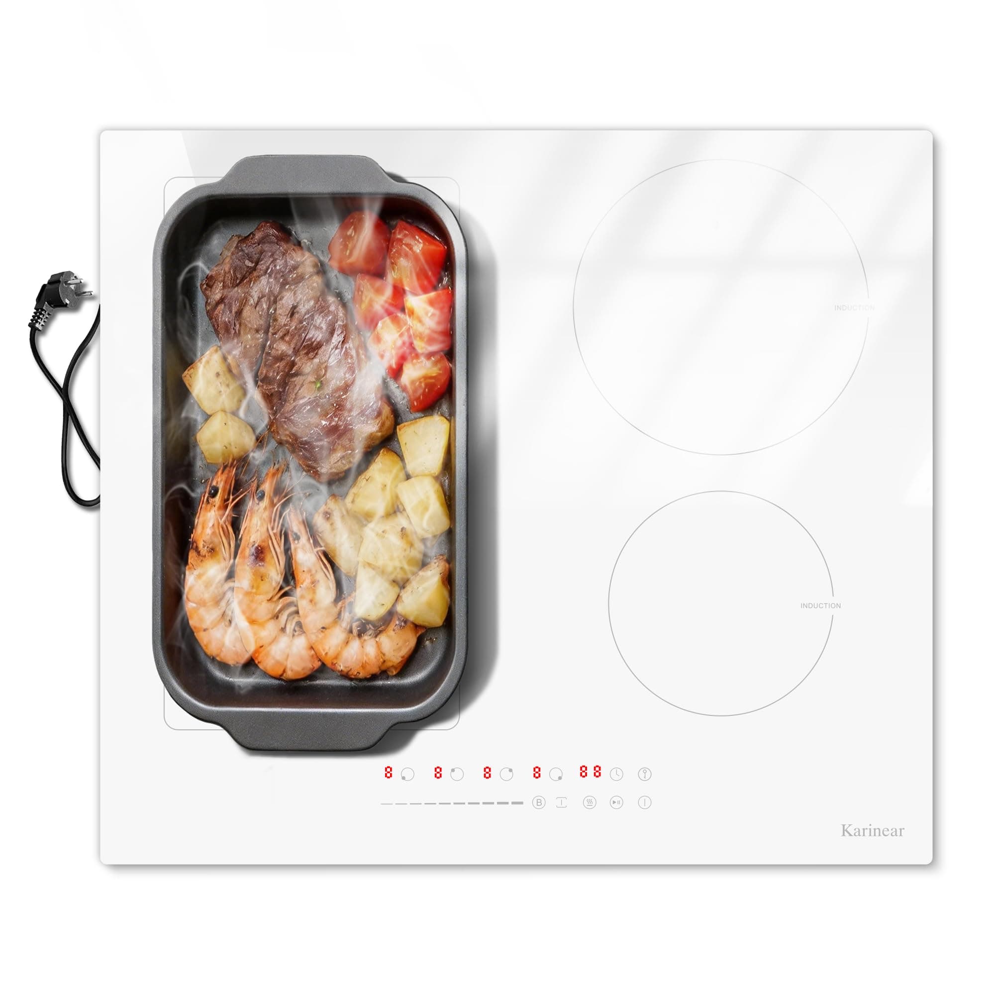 Karinear Plaque Induction Blanche 4 Feux, Table de Cuisson Induction Encastrable 60 CM avec Prise, Zone Flexible, Boost, Pause, Verrouillage de Sécurité, 220V, Prise 16A