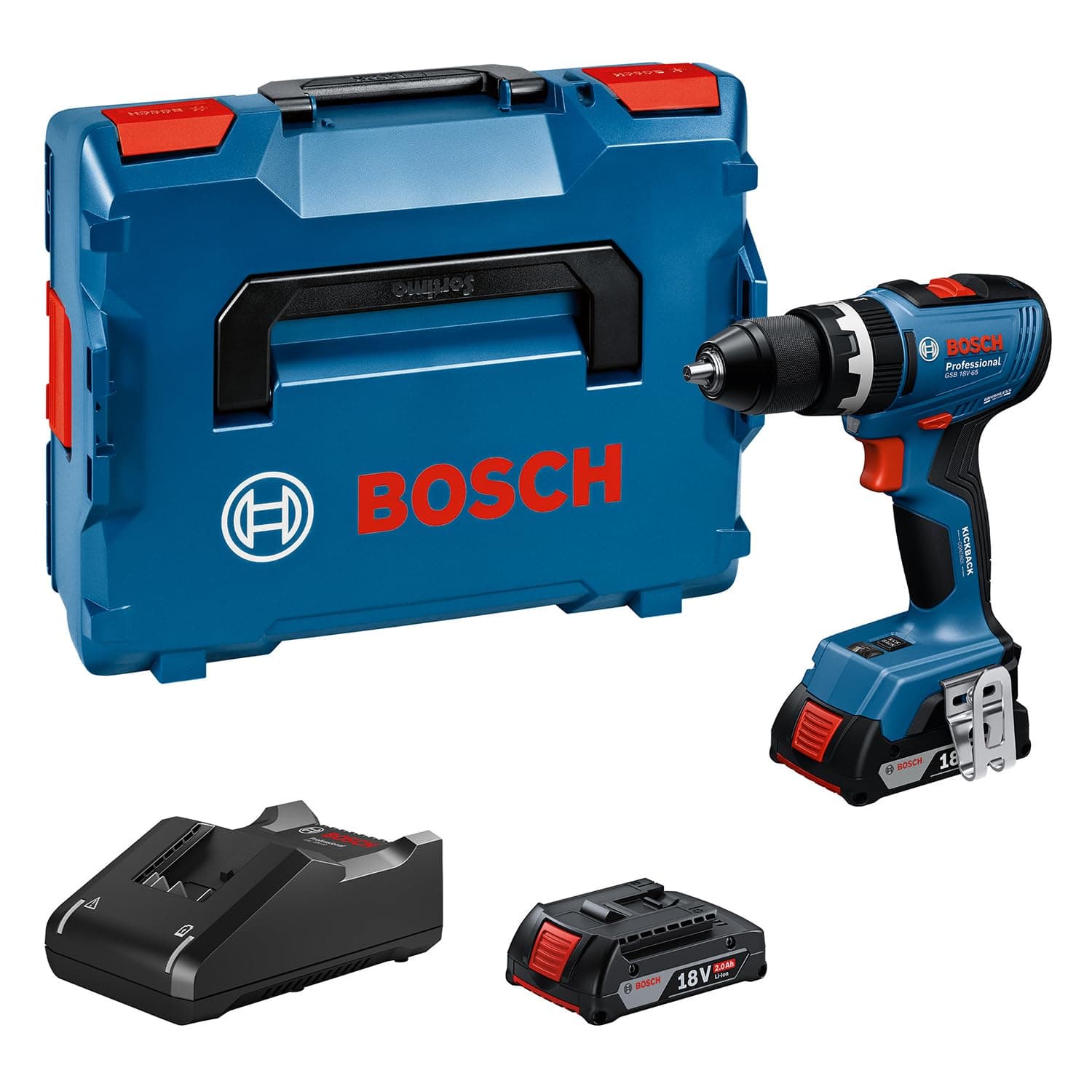 Bosch Professional 18V System Trapano-avvitatore a batteria GSB 18V-65 (motore brushless, incl. 2 batterie GBA 18V 2.0Ah, caricabatteria GAL 18V-20)