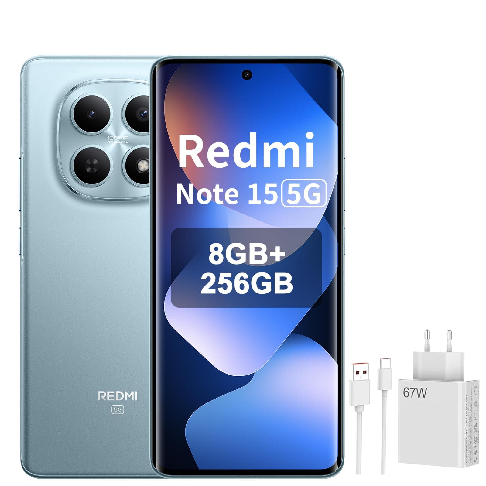 XIAOMI REDMI Note 15 5G - Smartphone de 8+256GB, Pantalla AMOLED FHD+ de 6,77", Snapdragon 6 Gen 3, cámara de 108 MP, batería de 5520 mAh, Azul Glaciar, Included 67W Charger