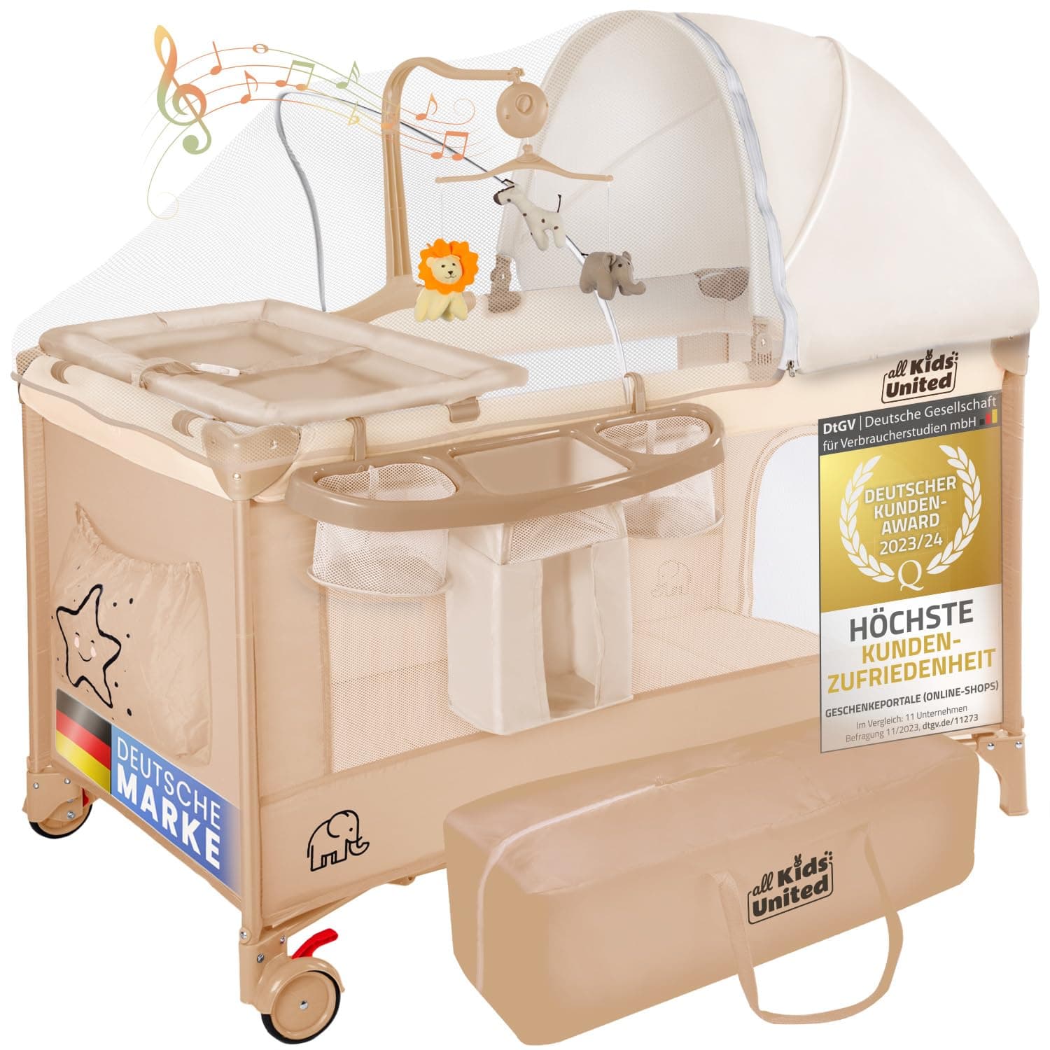 all Kids United® Cuna de Viaje para bebés - Centro para bebés Casa de Viaje Cuna con colchón, Cambiador, Juego de música y móvil (Beige)
