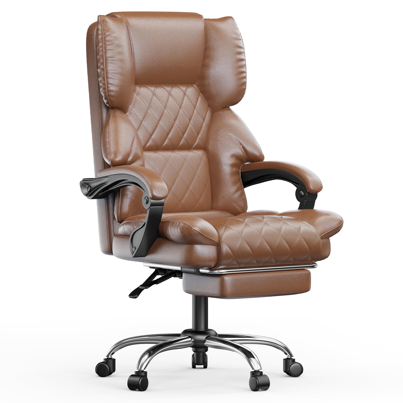 naspaluro Silla de Oficina con Reposapiés, Silla de Escritorio Ergonómica, Silla Ordenador de Cuero PU con Reposabrazos Acolchada y Reposacabezas, Silla Giratoria con Función de Inclinación, Marrón