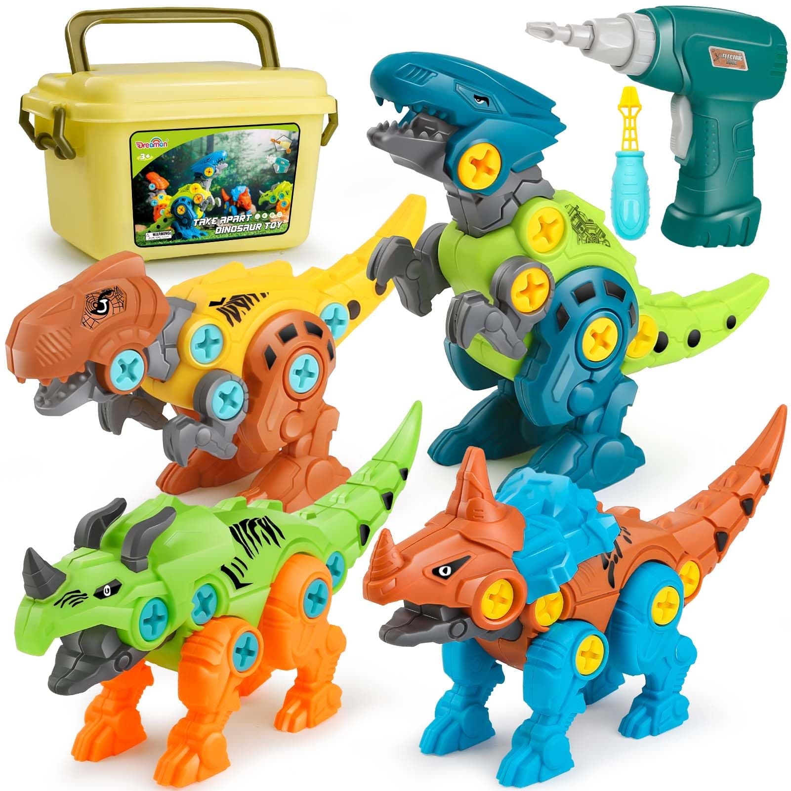 Dreamon Dinosauri Per Bambini 3 4 5 6 7 8 Anni Dinosauro Giocattolo con Scatola Portaoggetti Trapano Elettrico Costruzioni Giocattoli Puzzle Regalo per Ragazzi Ragazze