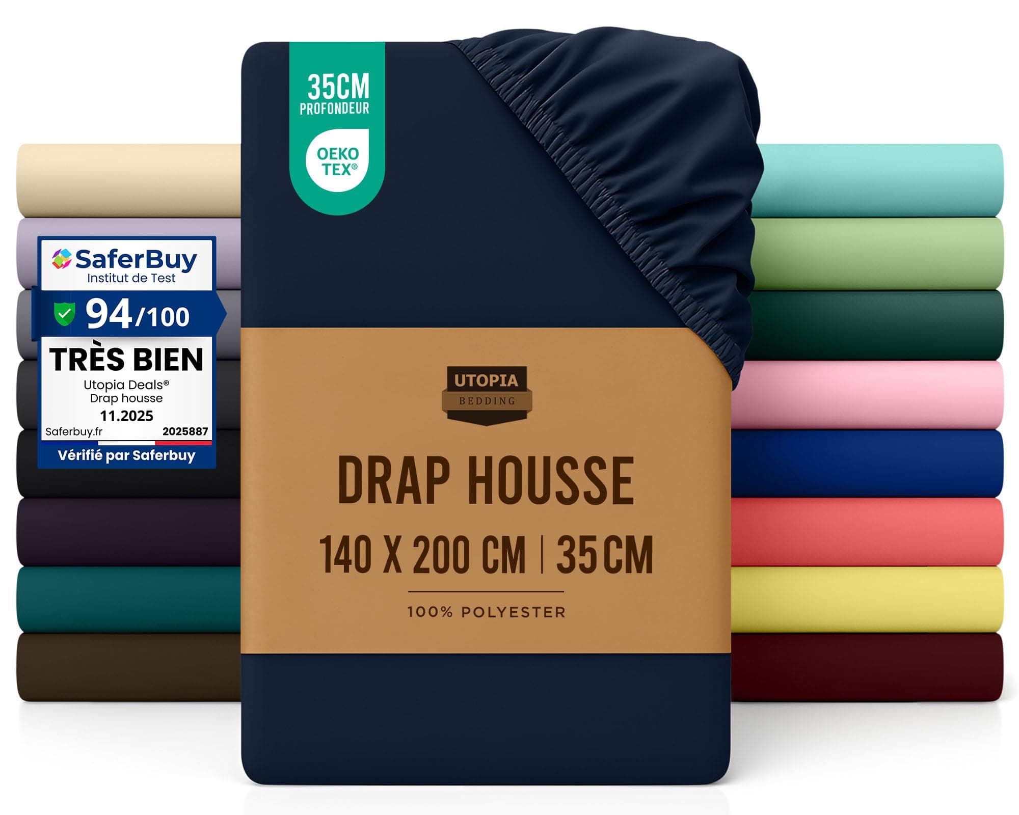 Utopia Bedding Drap Housse - Bleu Marine, 140 x 200 cm - Certifié Oeko-Tex - Bonnets 35 cm pour Matelas Épais - Polyester Microfibre Brossée