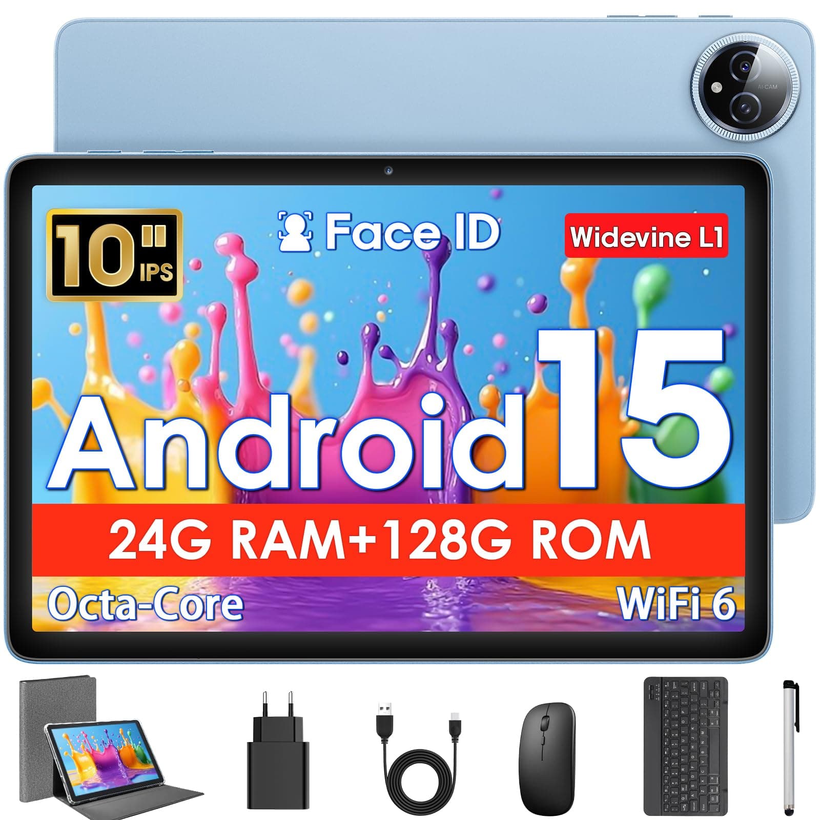 Tablet 10 Pulgadas, Tableta Android 15 con Funda, Ratón & Teclado, Octa-Core, 24 GB RAM + 128 GB ROM + 1 TB TF, Pantalla IPS HD 1280 x 800, Cámara Dual, 6000mAh, WiFi 6, BT 5.0, Widevine L1, GPS, Azul