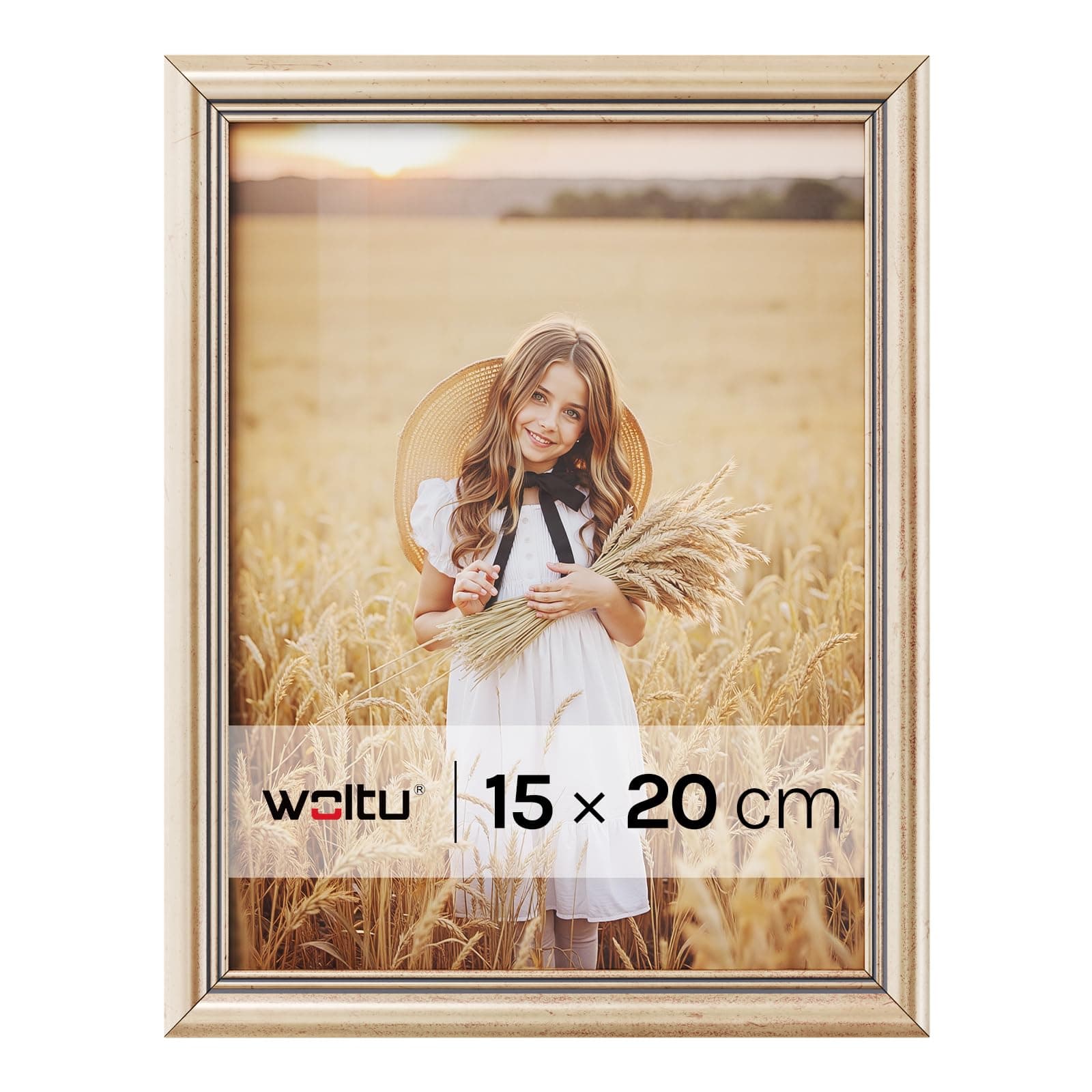 WOLTU Bilderrahmen 15x20 cm Gold, Fotorahmen aus Massivholz und PS-Platte, Holzrahmen mit Passepartout, zum vertikalen oder horizontalen Aufhängen/Aufstellen, Posterrahmen Collage Wanddeko