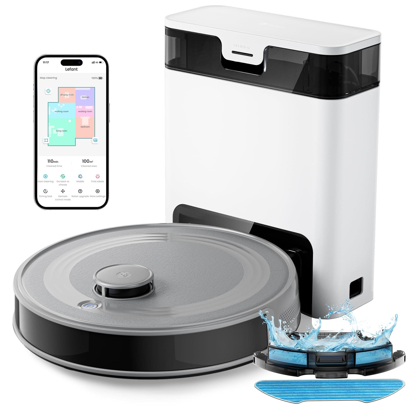 LEFANT M2 Pro Robot Aspirapolvere Lavapavimenti con Mappatura, 6000Pa, Navigazione Laser dToF, Evitamento Ostacoli PSD, Svuotamento Automatico Polvere, Pulizia Personalizzata, WiFi/App/Alexa