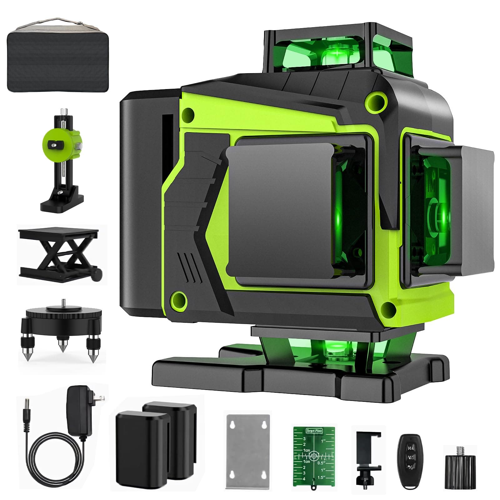 Niveau Laser Chantier Autonivelant 4 x 360°, Vert 4D 16 Lignes lazer niveaux,niveau laser 360 autonivelant avec 2 x Batterie, IP54, Support Rotatif, Télécommande & Mallette de transport
