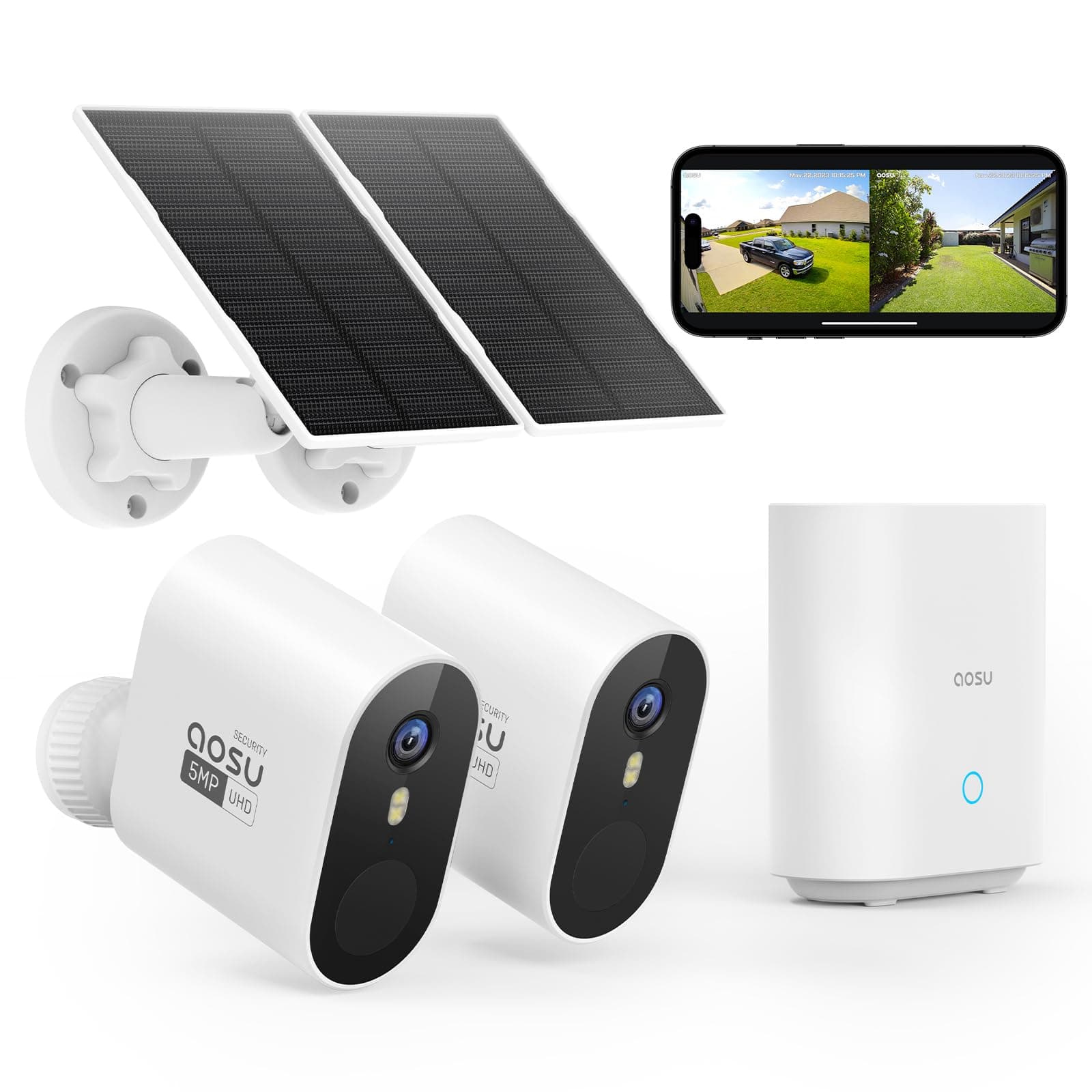 aosu 3K Camera Surveillance WiFi Exterieure sans Fil Solaire, 5MP Solar Caméra Security Exterieur sur Batteries avec aosuBase, 2 Solarcam, Détection Mouvement, Vision Nocturne Couleur