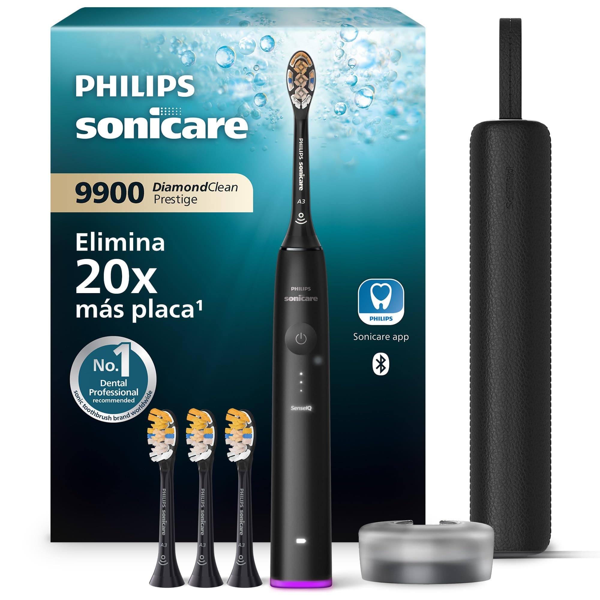 Philips Sonicare DiamondClean 9900 Prestige cepillo dental eléctrico, con SenseIQ y app, 5 modos, 3 intensidades, estuche de viaje cargador, negro, modelo HX9992/43, Negro, 4 Cabezales
