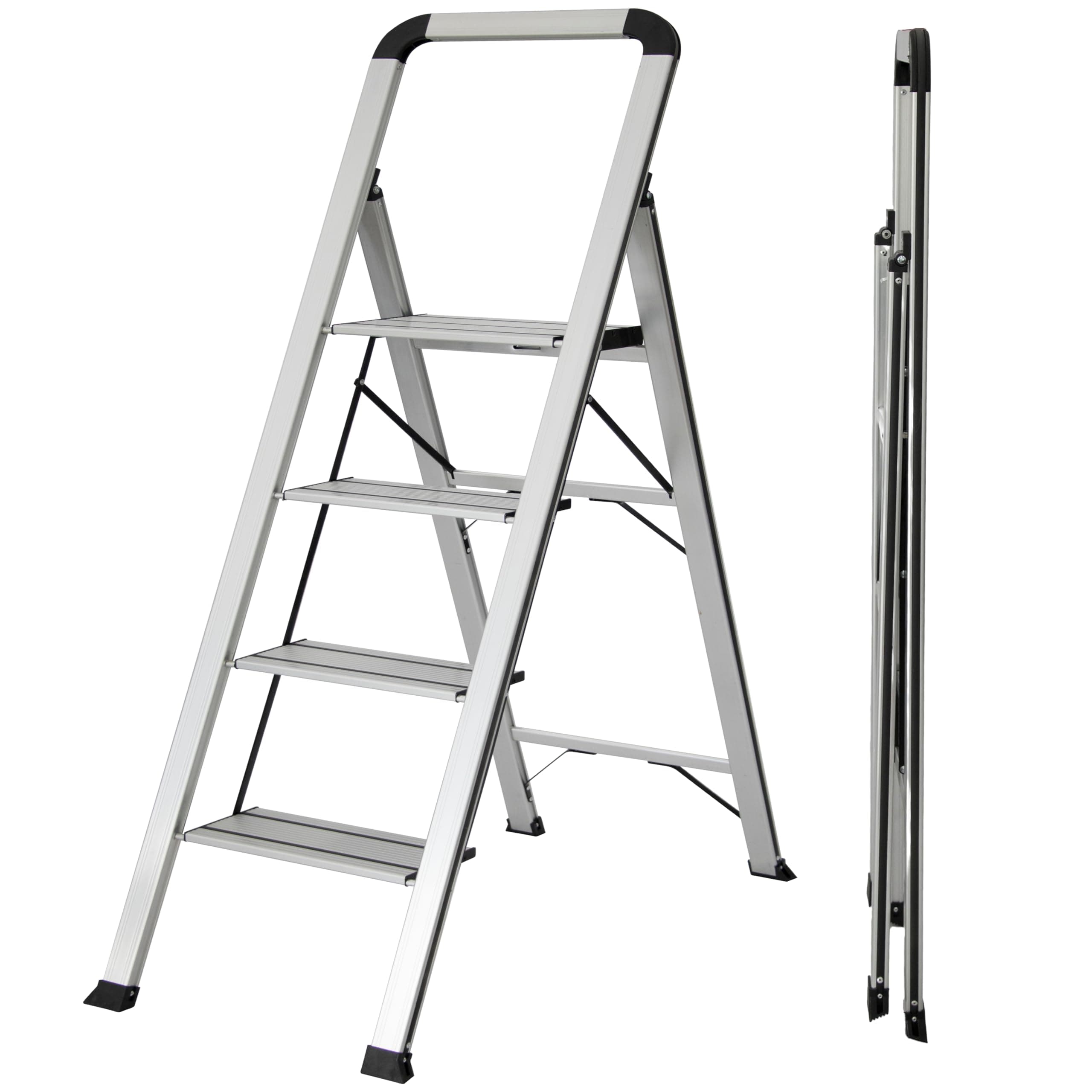 UZIRO Escalera 4 Peldaños, Escaleras Plegables de Aluminio Liviana, Decorativa, Peldaños Anchos Antideslizantes, Mecanismo Antiplegado, Compacta, Fácil de Guardar (4 Peldaños)