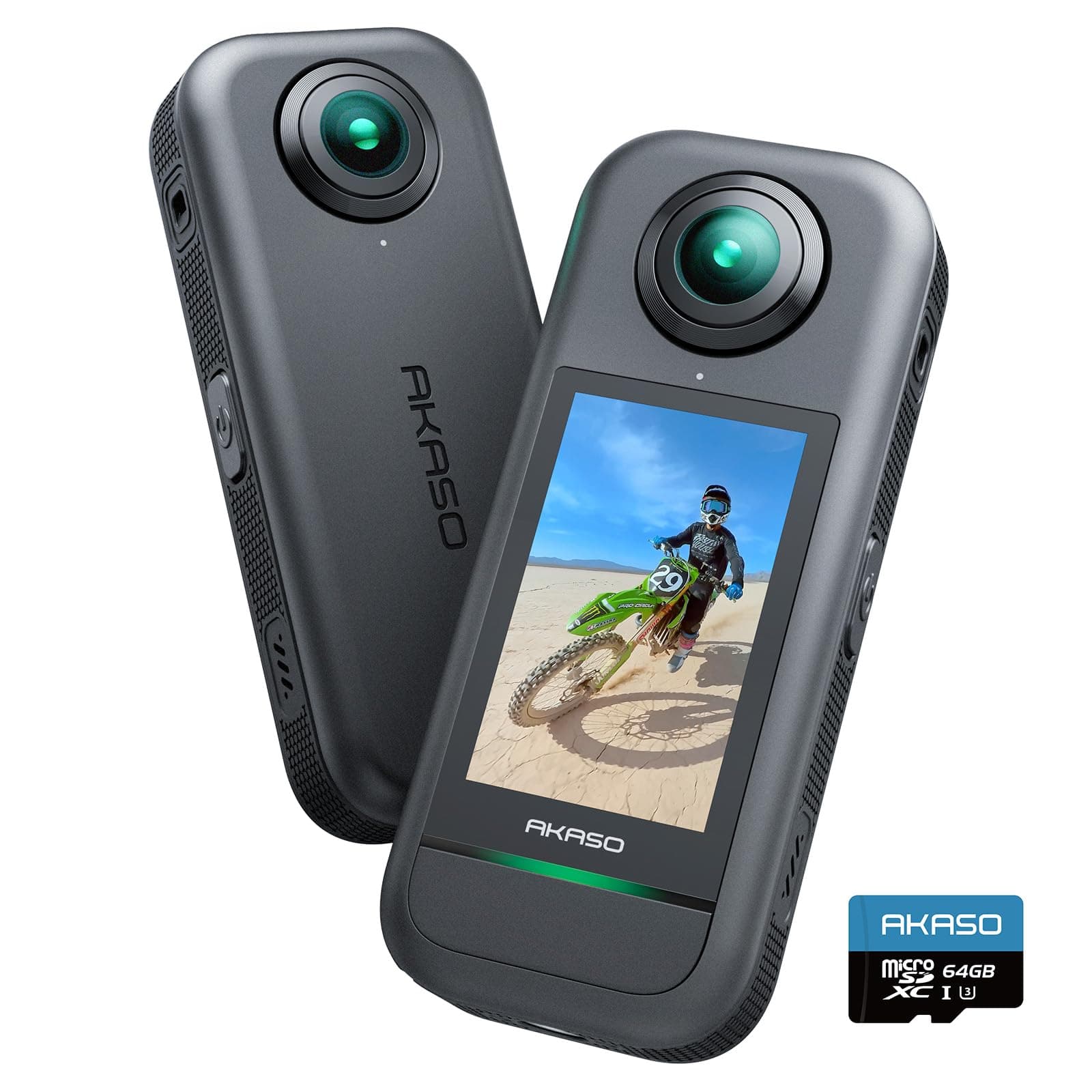 AKASO 360 Cámara de acción 360 con 64GB microSDXC U3 Tarjeta de Memoria, Sensor de 1/2", 5.7K 360, Fotos 72MP, Pantalla táctil de 2.29", Cámara Deportiva 360, Estabilización, para Deportes