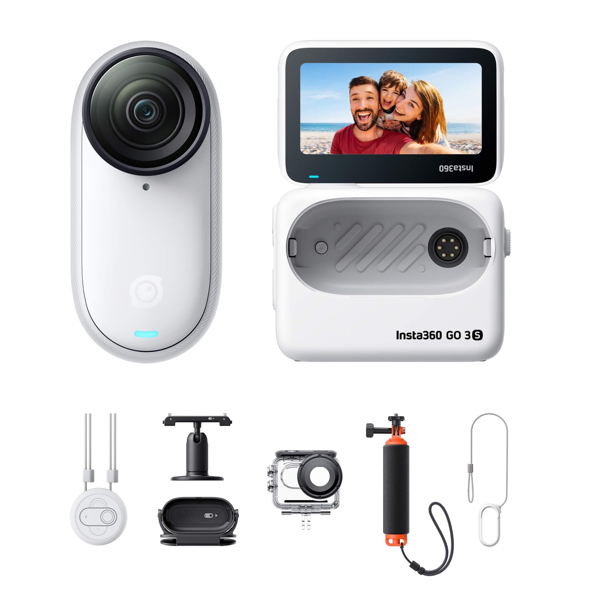 Insta360 GO 3S Kit para Deportes Acuáticos - Cámara Vlogging 4K, POV Manos Libres, Móntala Donde Quieras, Estabilización, 140 Min de batería, Impermeable 10 M, Edición IA, Apple Find My, Vlog, Blanco