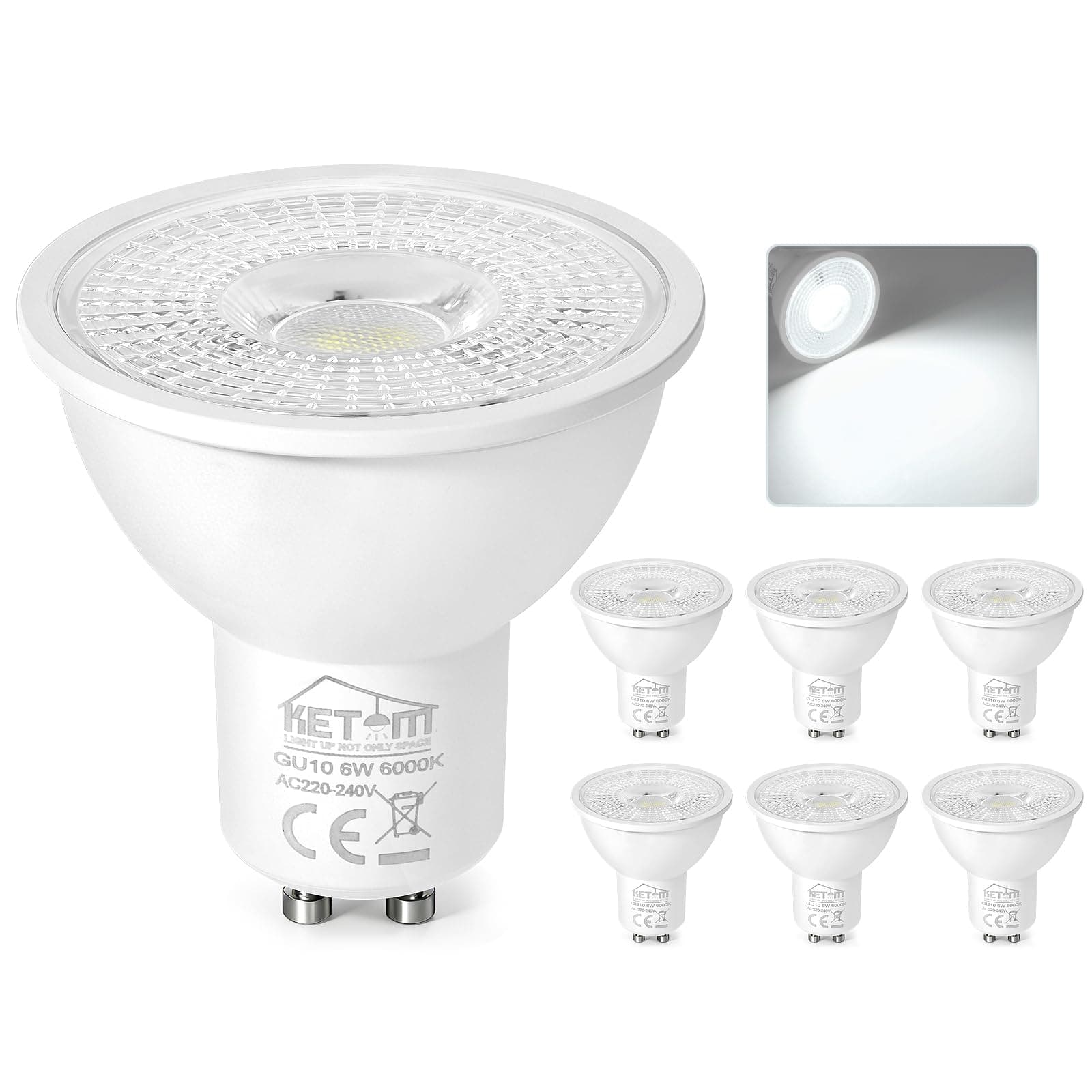 Ketom Lampadine LED GU10 6000K, Faretti LED GU10 Luce Fredda, Lampadina 6W (Equivalenti a 60W), 480 Lumen, 120° Angolo del Fascio, Non Dimmerabili, 10 Pezzi